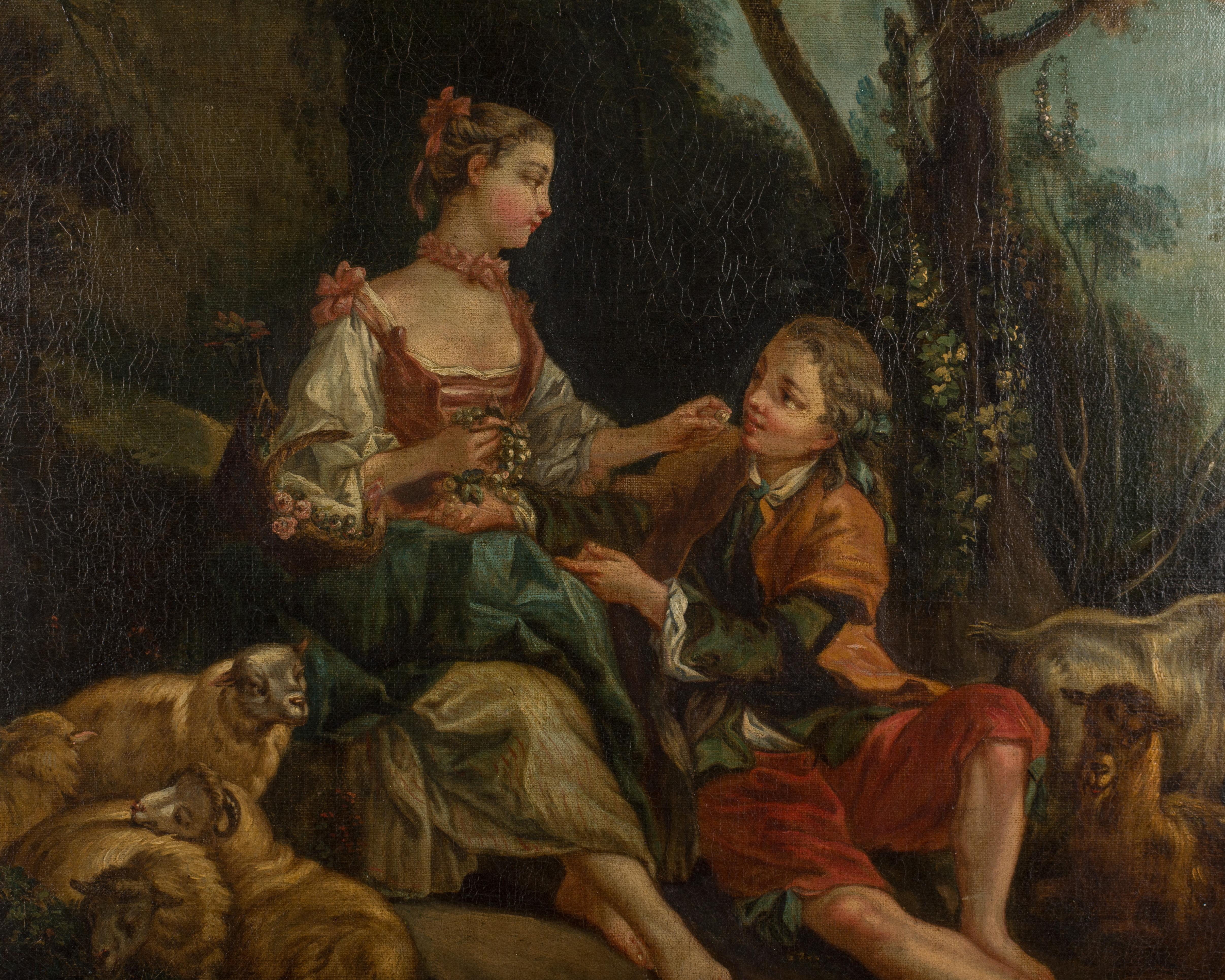 Peinture française de la fin du XVIIIe siècle représentant un couple romantique dans un cadre pastoral. Huile sur toile. Non signée. Cadre original en bois doré. Petite réparation de la toile dans le coin supérieur gauche. Scène typique des maisons