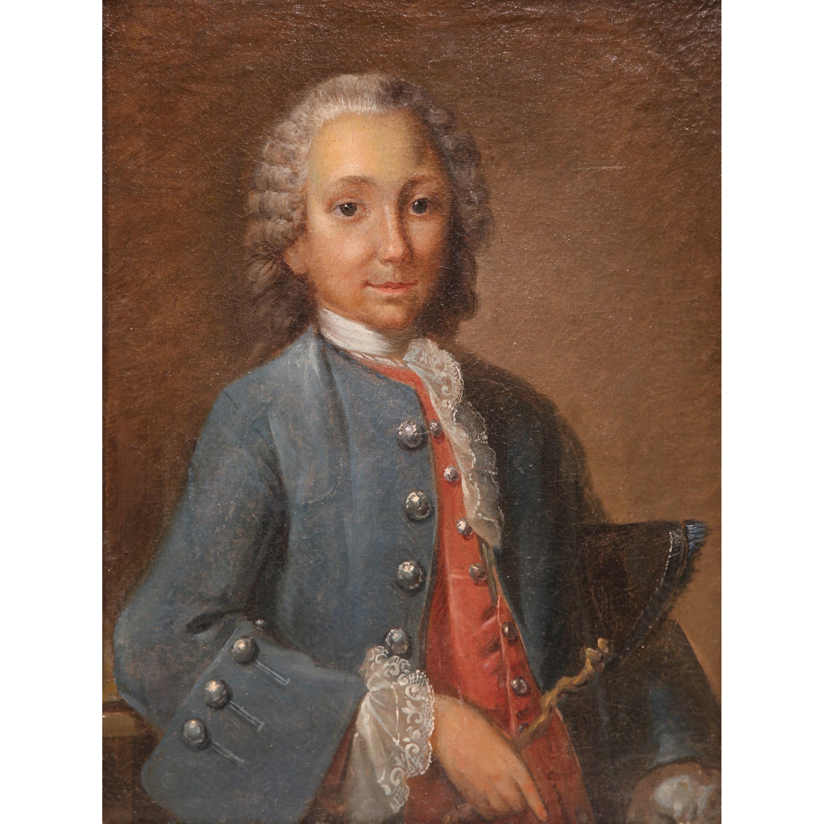 This beautiful antique oil on canvas was created in Paris, France circa 1760. Set in the original carved gilt frame, the portrait depicts the Marquis de Rochambeau dressed in formal clothing. The composition has fine, colorful details throughout the