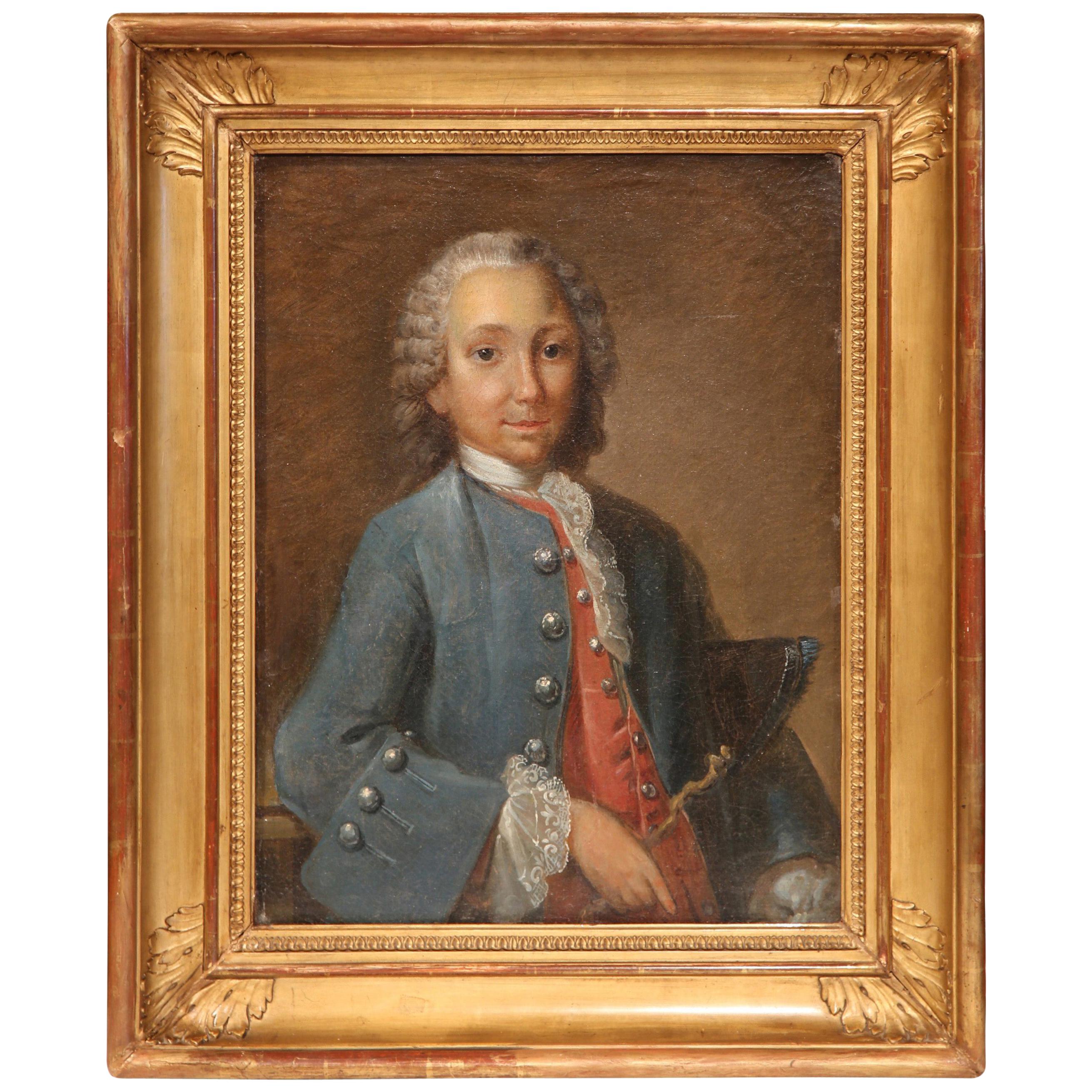 Peinture à l'huile française du 18ème siècle représentant le marquis de Rochambeau dans un cadre doré