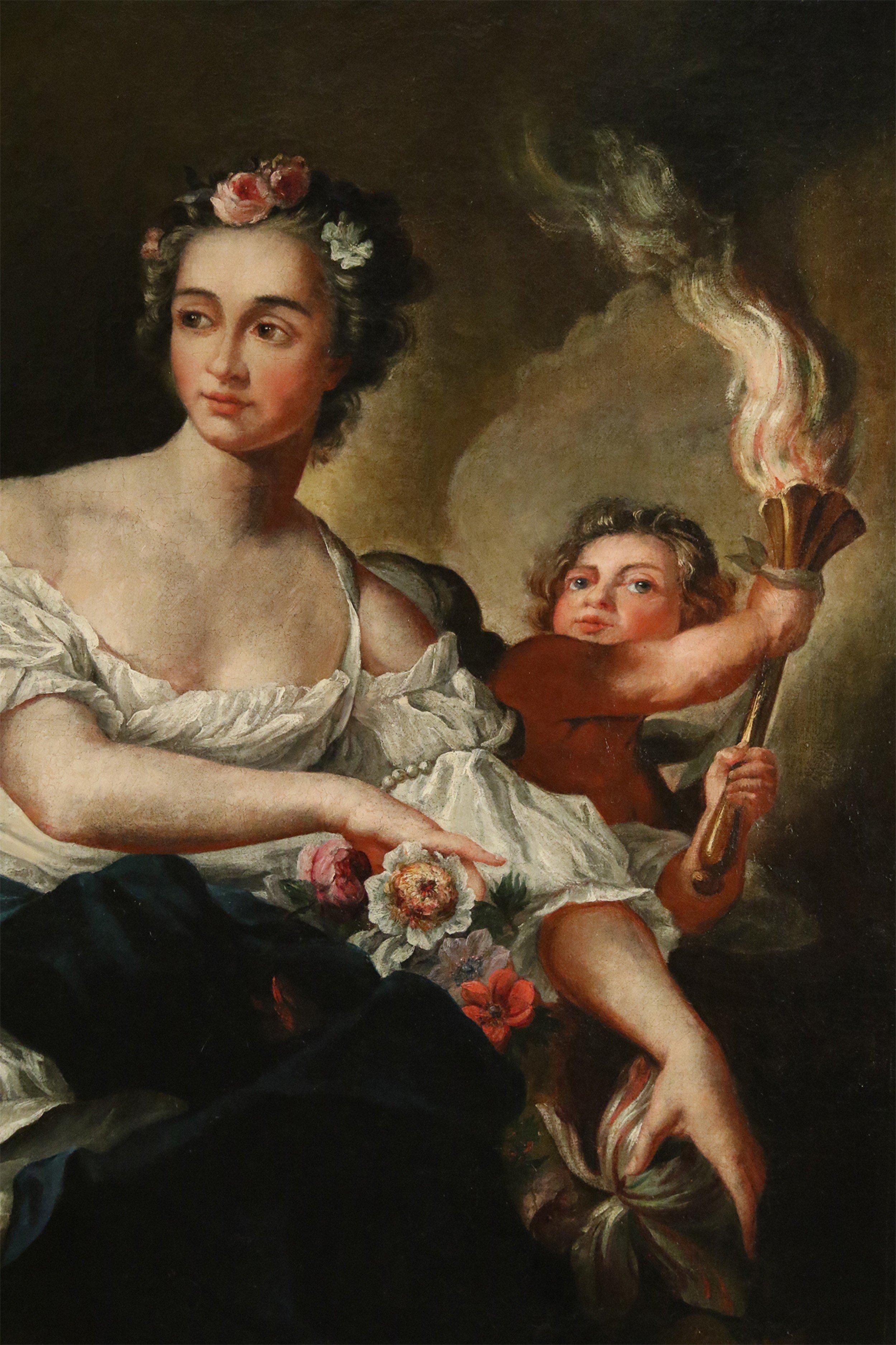 Empire Portrait à l'huile français du 18ème siècle d'une femme et d'un enfant tenant une torche en vente