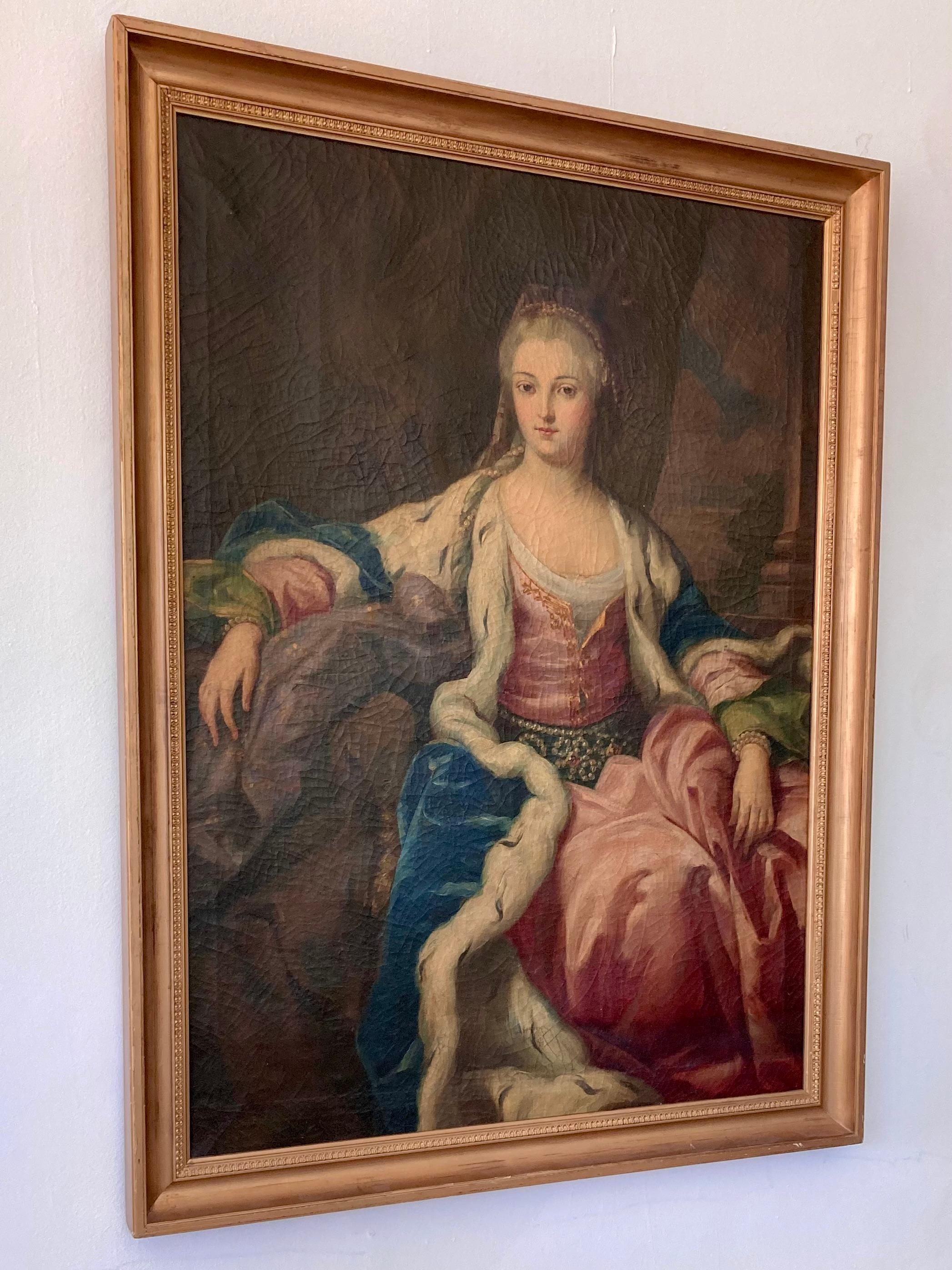 Provincial français Peinture de portrait de noble femme du 18e siècle, de style French Old Master, grandeur nature, 3/4 de longueur