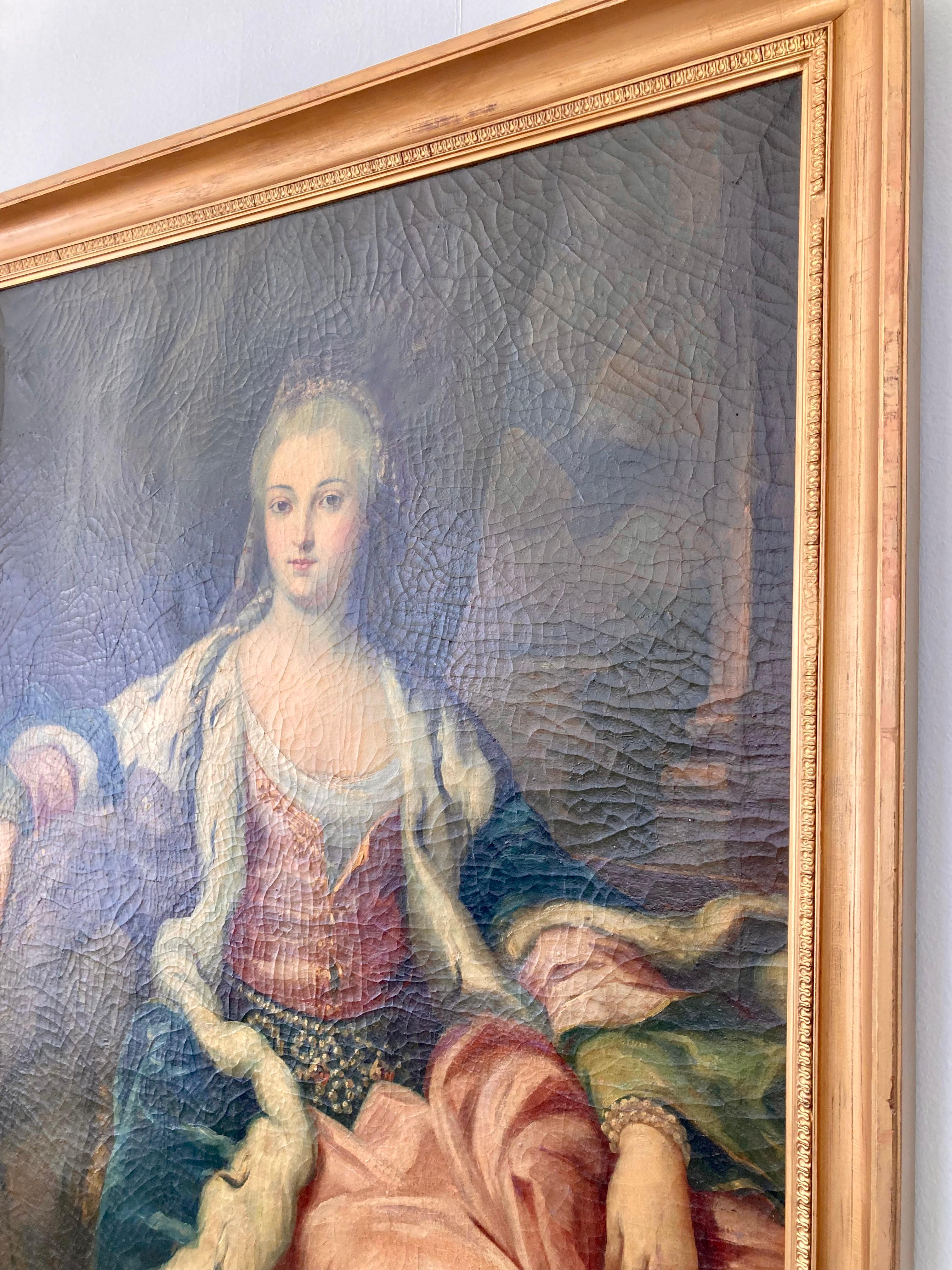 Français Peinture de portrait de noble femme du 18e siècle, de style French Old Master, grandeur nature, 3/4 de longueur