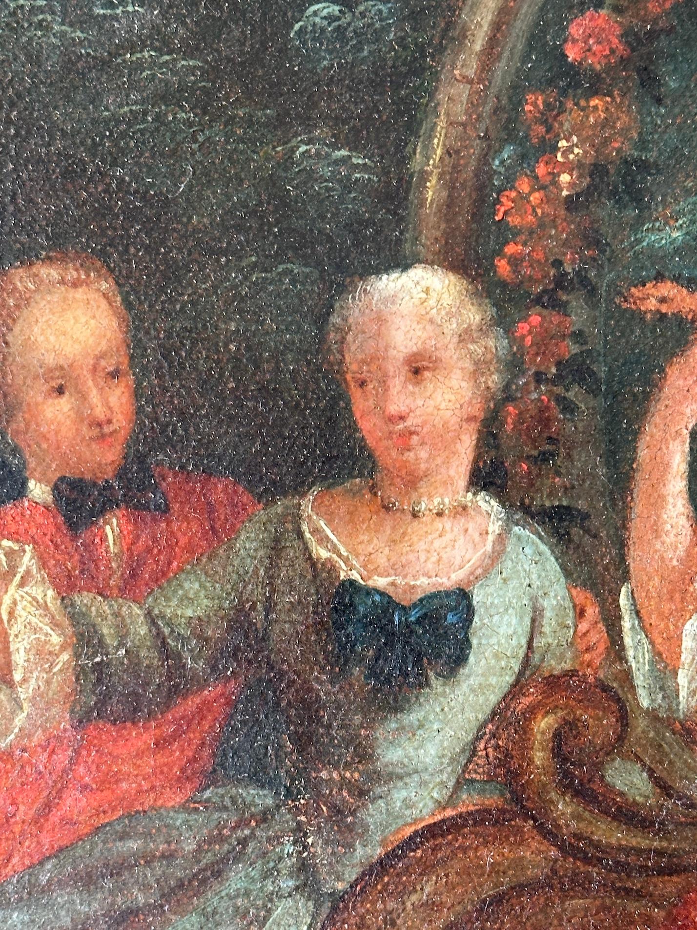 18th century French Garden or Féte a Bride and musicians  playing music - Brown Figurative Painting by 18th Century French Old Master