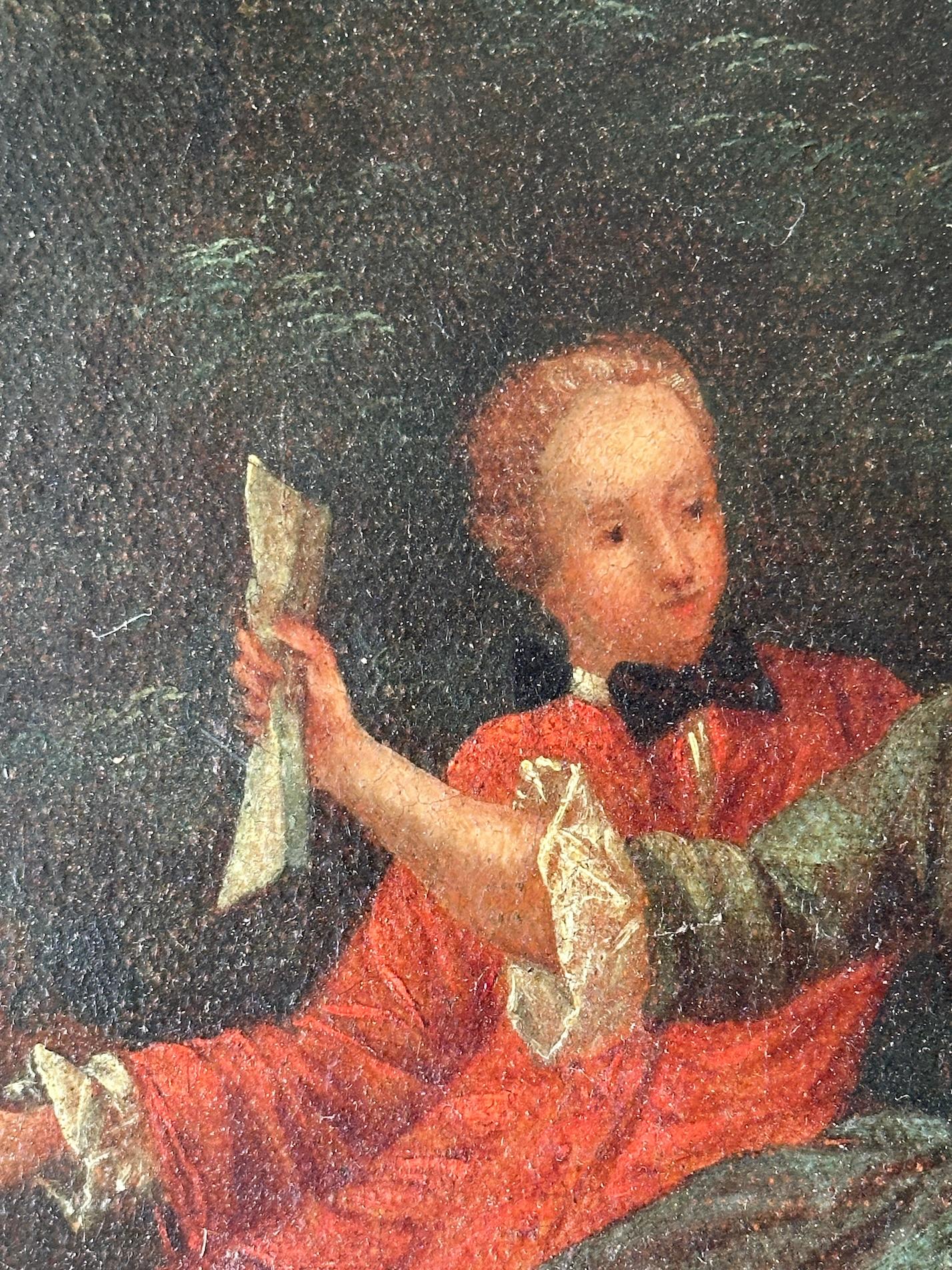 This enchanting 18th-century French fête galante captures the elegance and joy of aristocratic leisure, set amidst a lush garden adorned with flowers. A scene of refined celebration, it features figures playing music and enjoying one another's