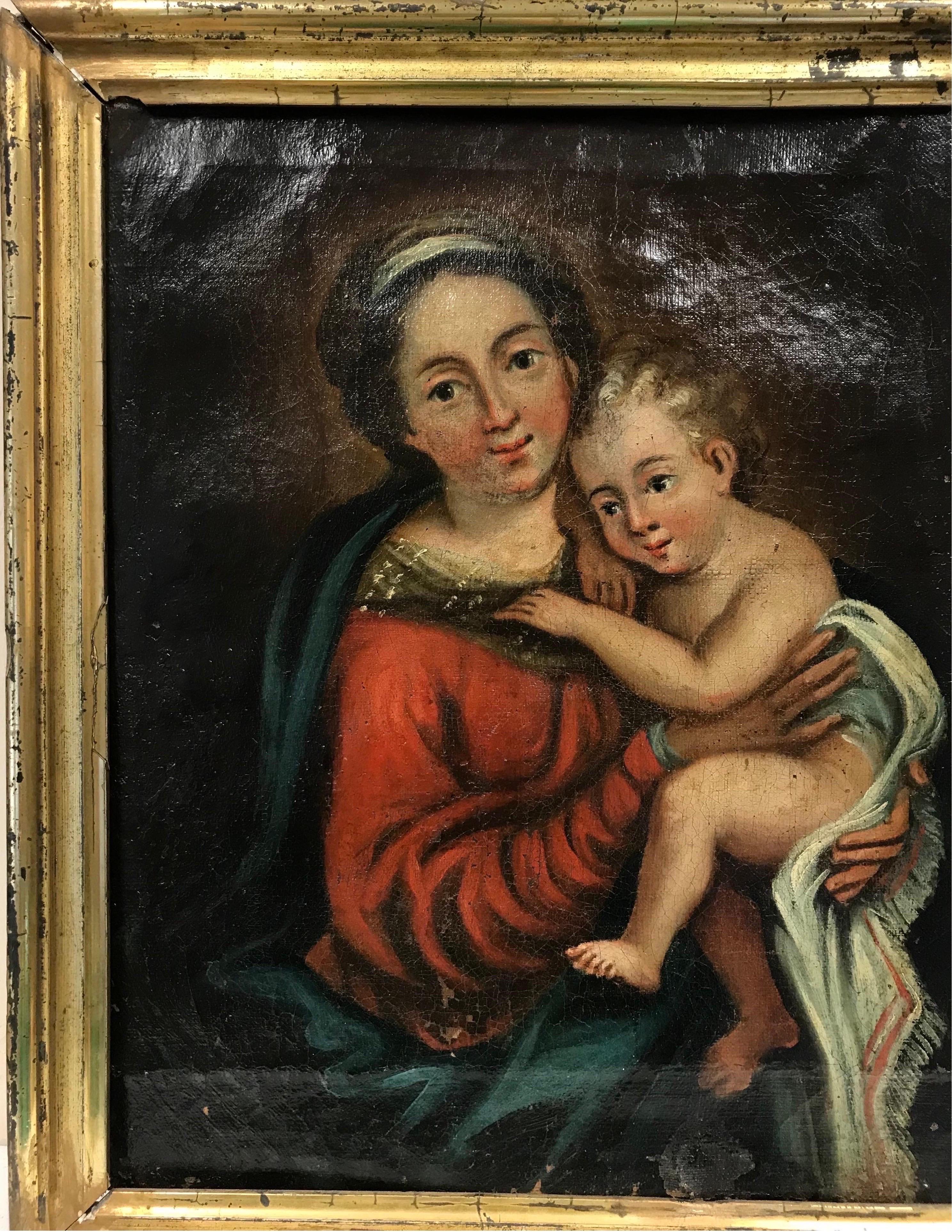 Mary & Jesus, peinture à l'huile sur toile de maître ancien français du 18e siècle - Noir Figurative Painting par 18th Century French Old Master
