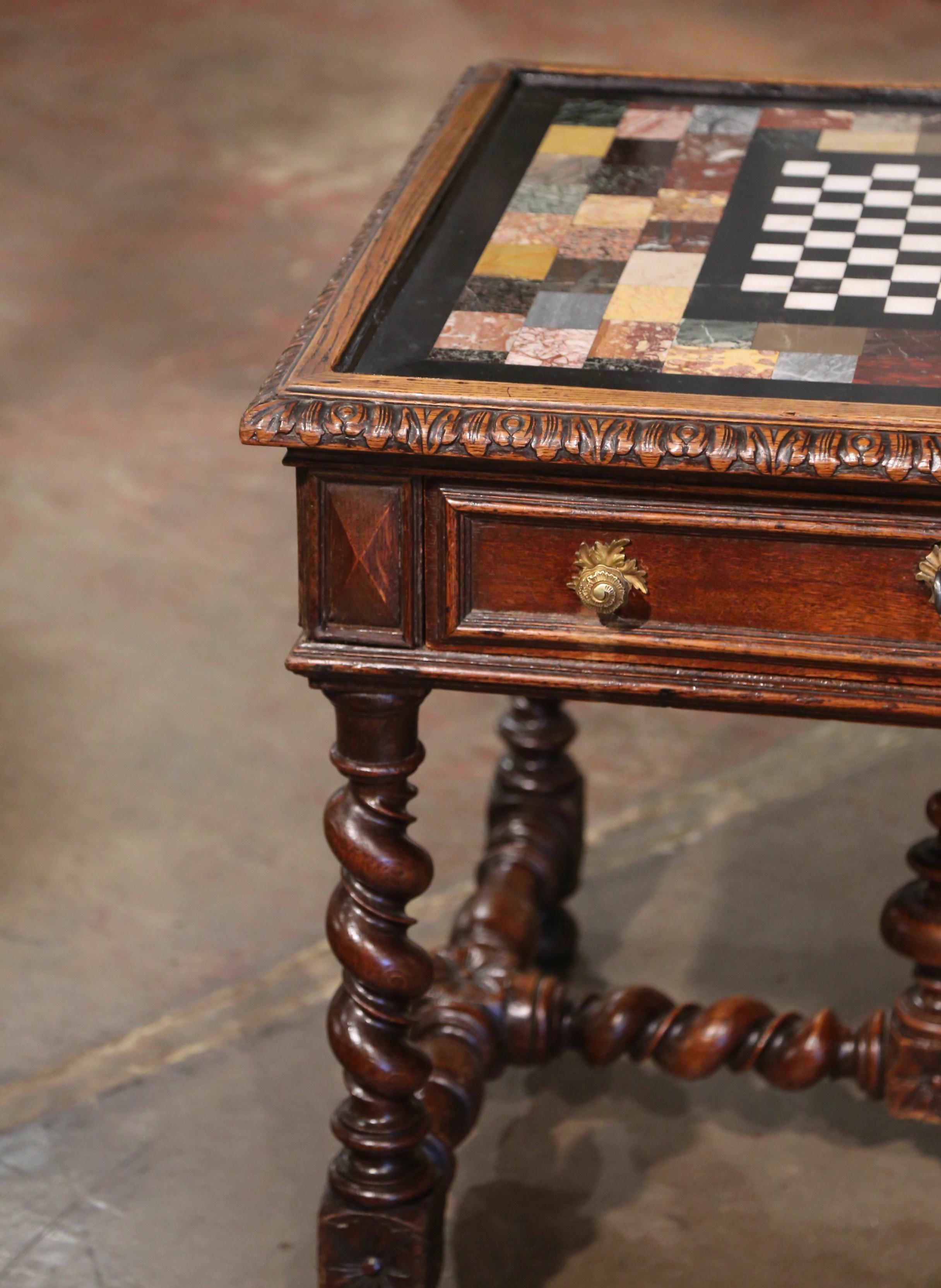 Hand-Carved 18th Century French Onyx and Marble Top Carved Oak Chess and Checker Game Table  For Sale