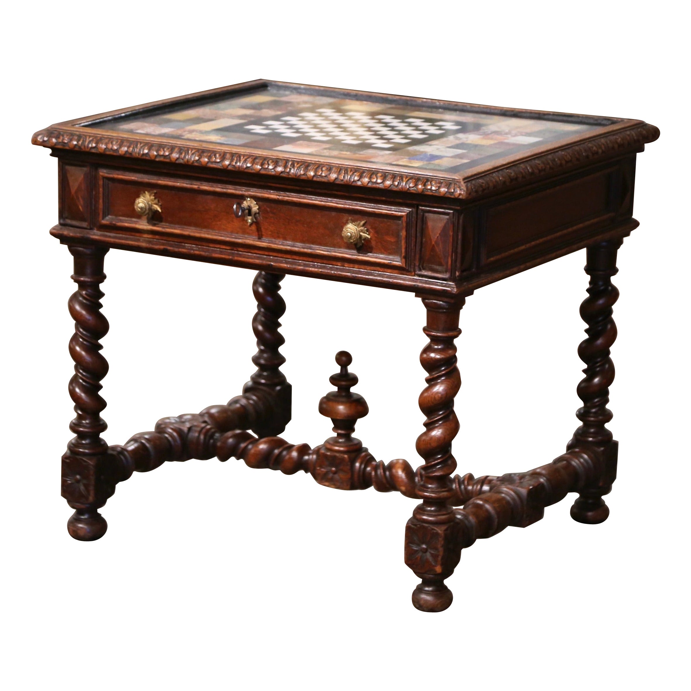 Tavolo da gioco per scacchi e dama in Oak intagliato con piano in onice e marmo del XVIII secolo