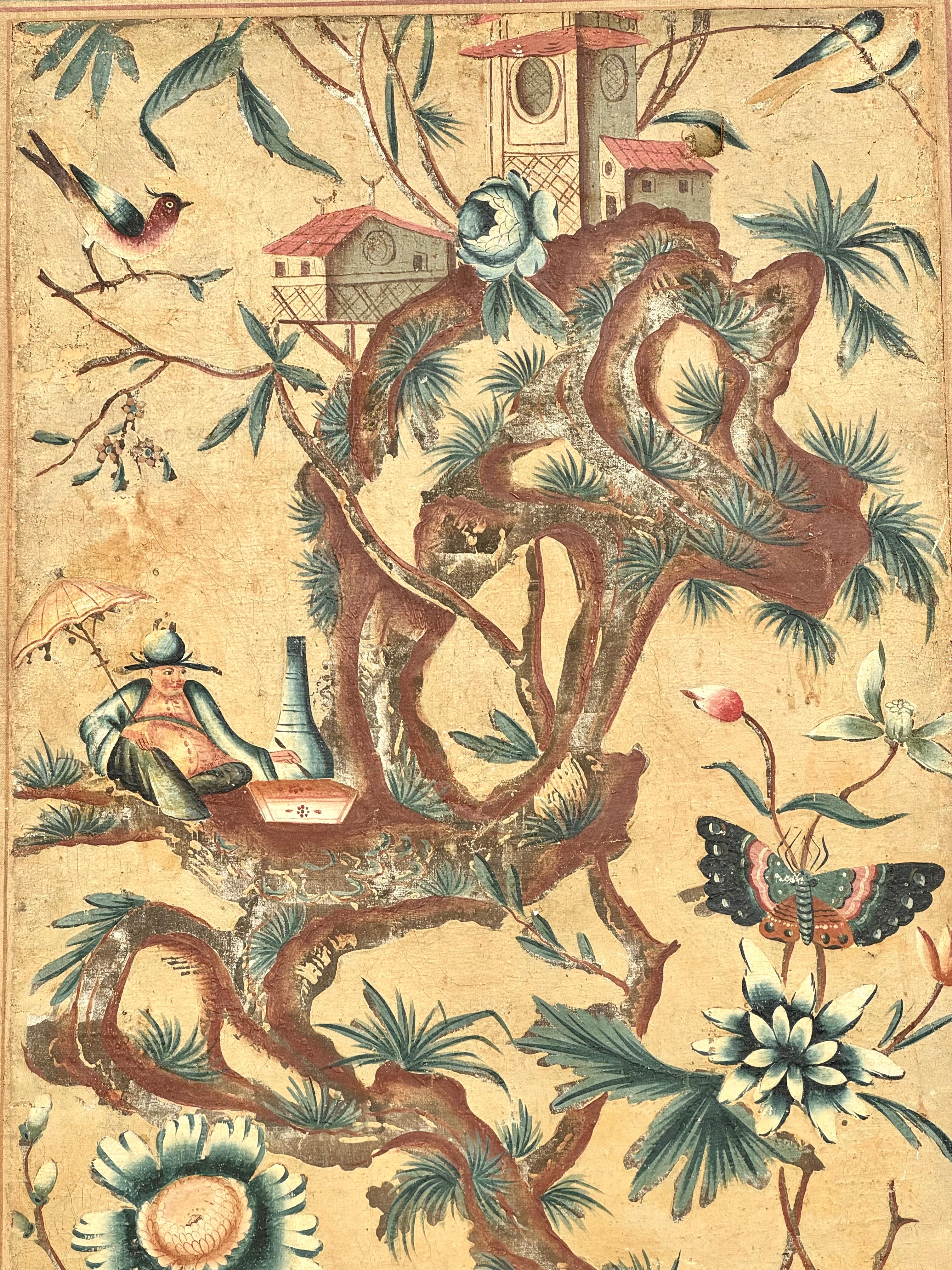 Silk 18th Century French or Italian Hand-Painted Chinoiserie Panel For Sale