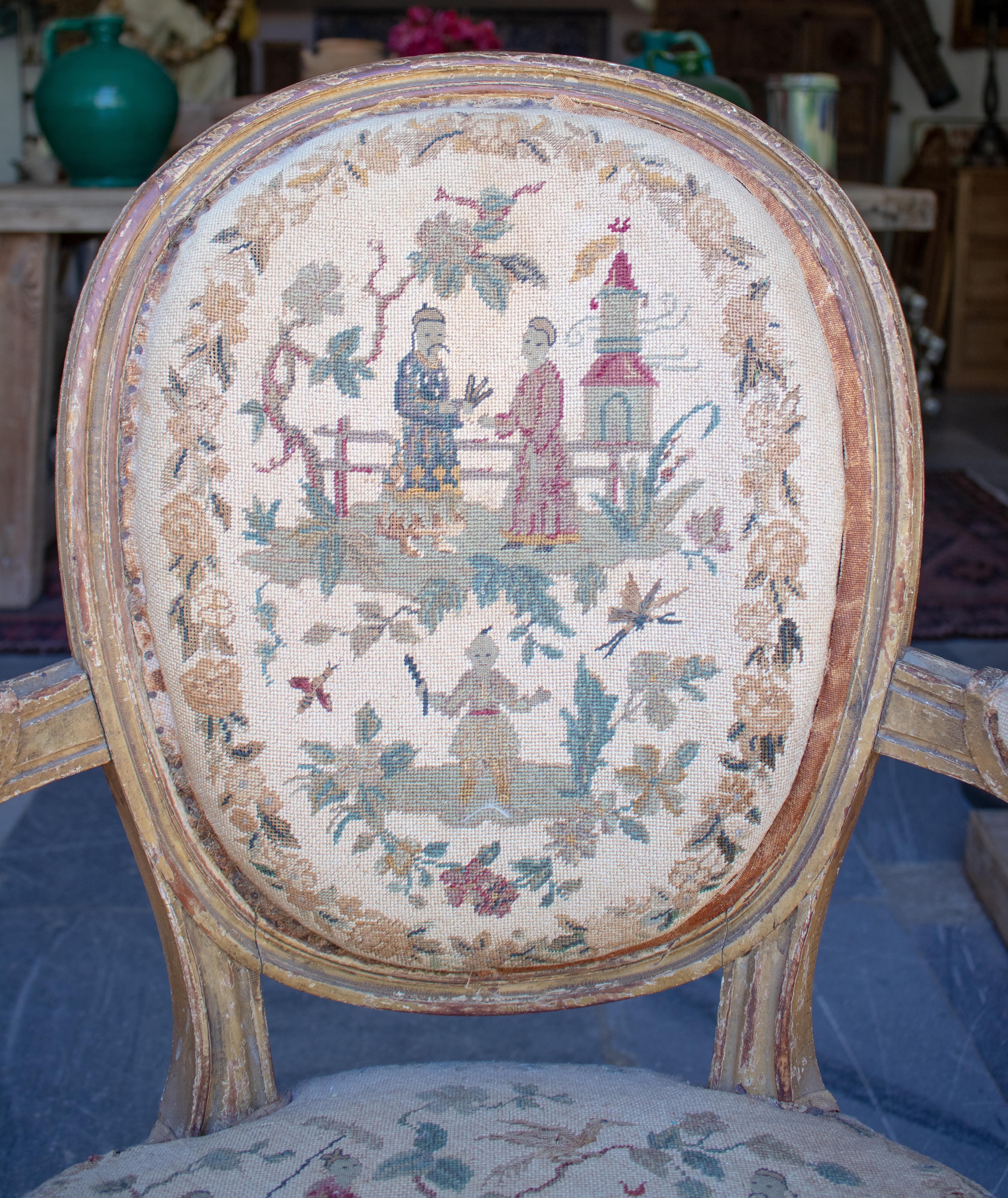 18th Century French Original Chinoiserie Tapestry Upholstered Armchair For Sale 4