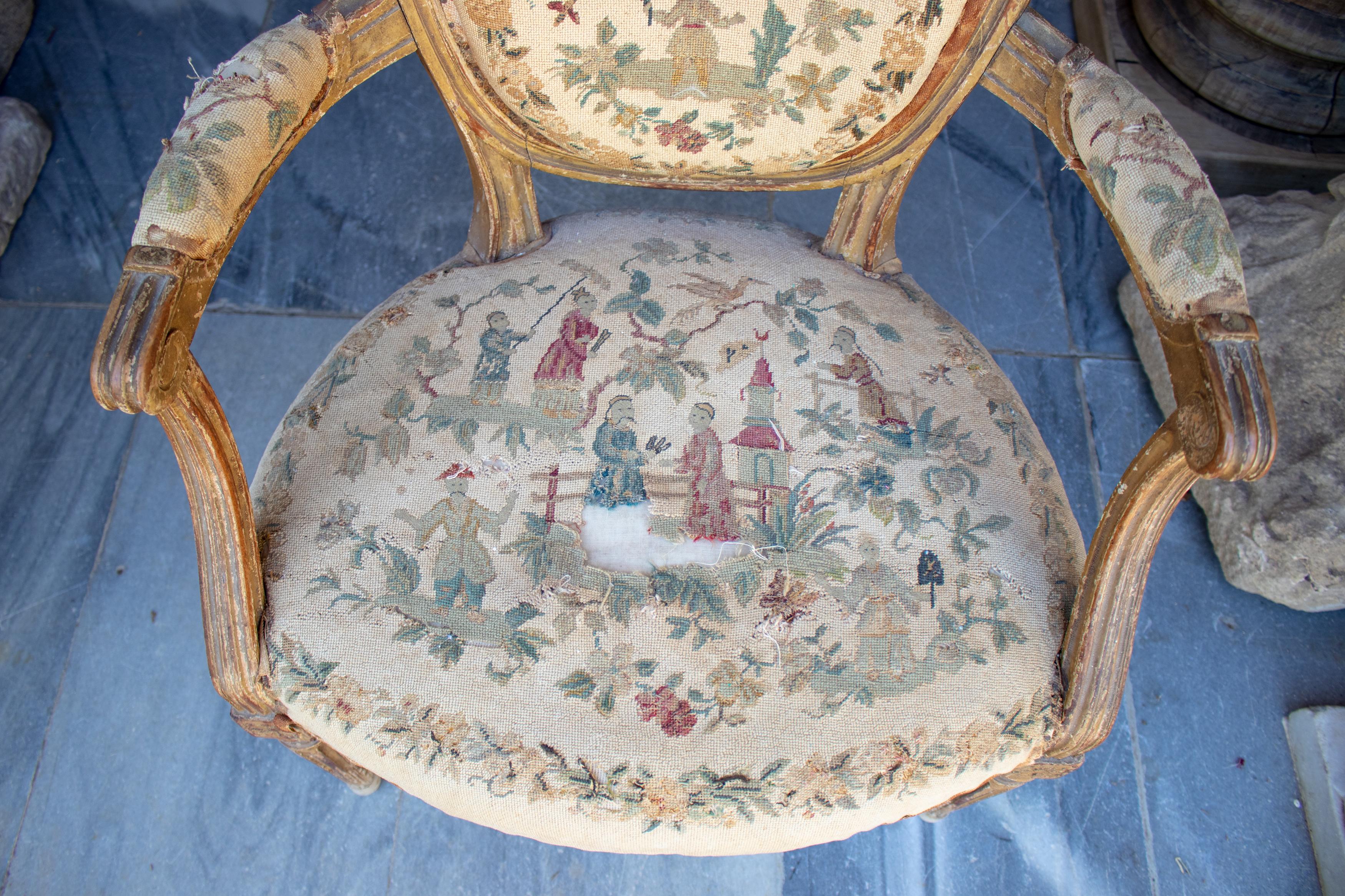 18th Century French Original Chinoiserie Tapestry Upholstered Armchair For Sale 5