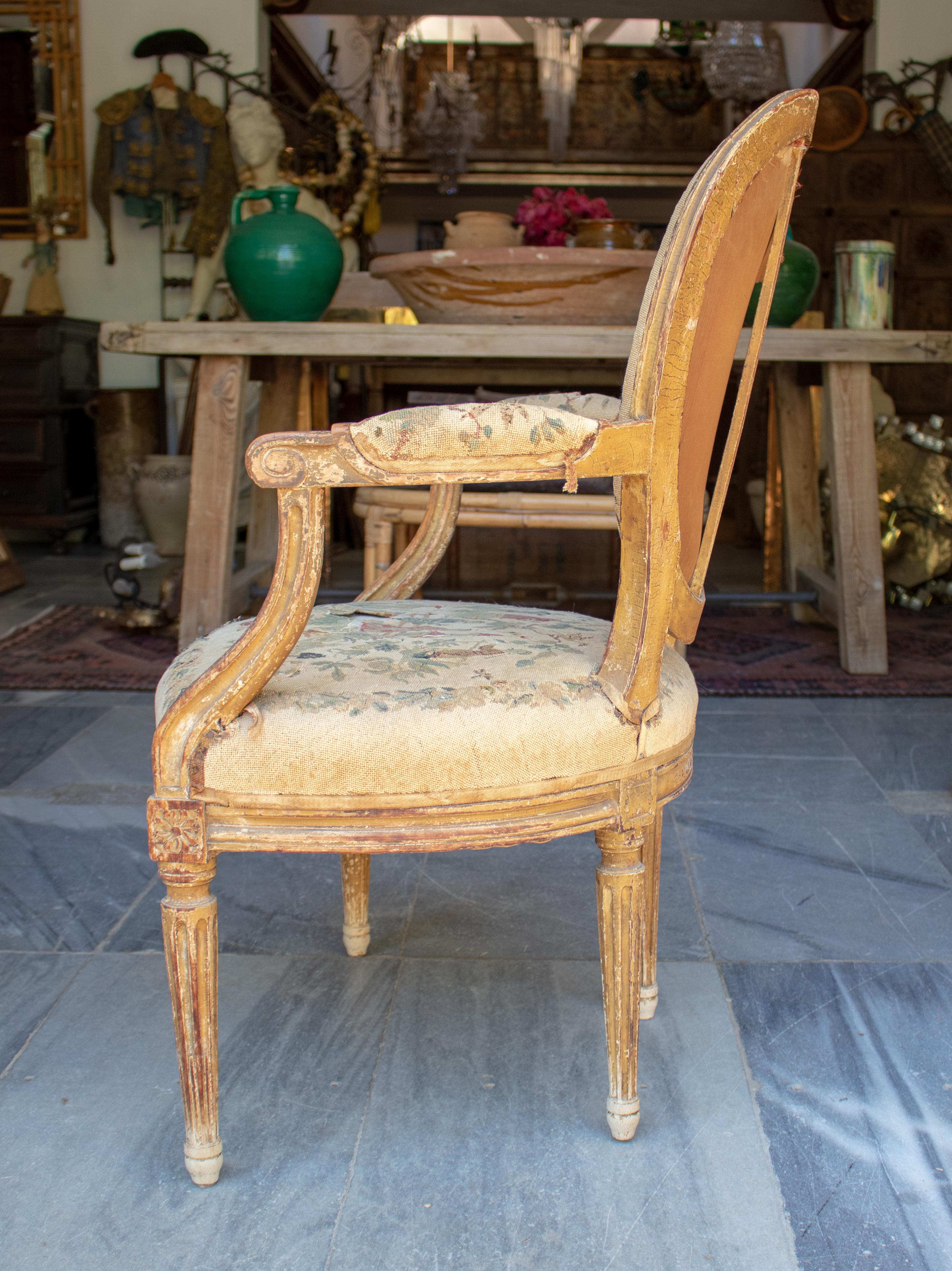 Polychromed 18th Century French Original Chinoiserie Tapestry Upholstered Armchair For Sale