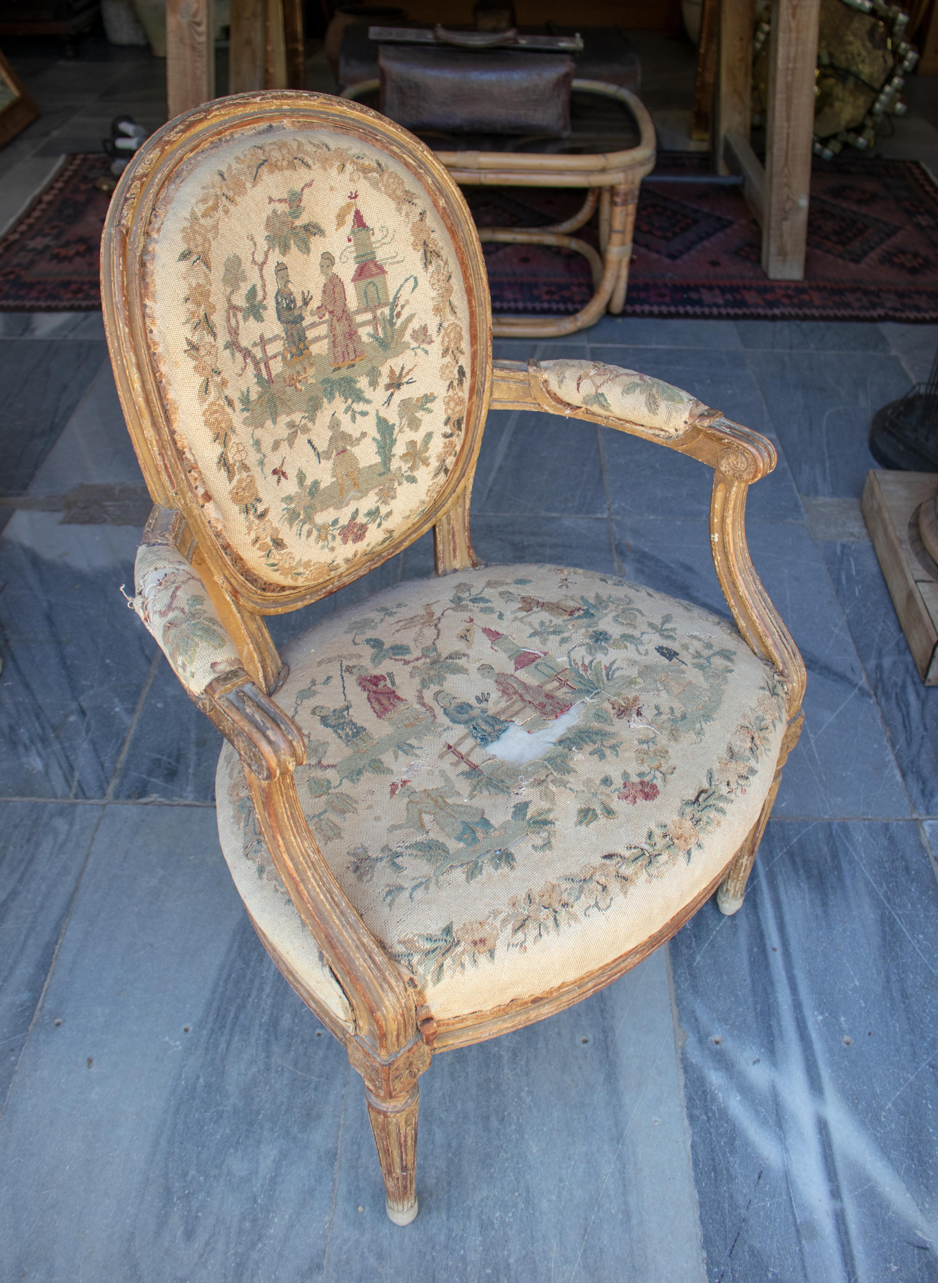 18th Century French Original Chinoiserie Tapestry Upholstered Armchair For Sale 3