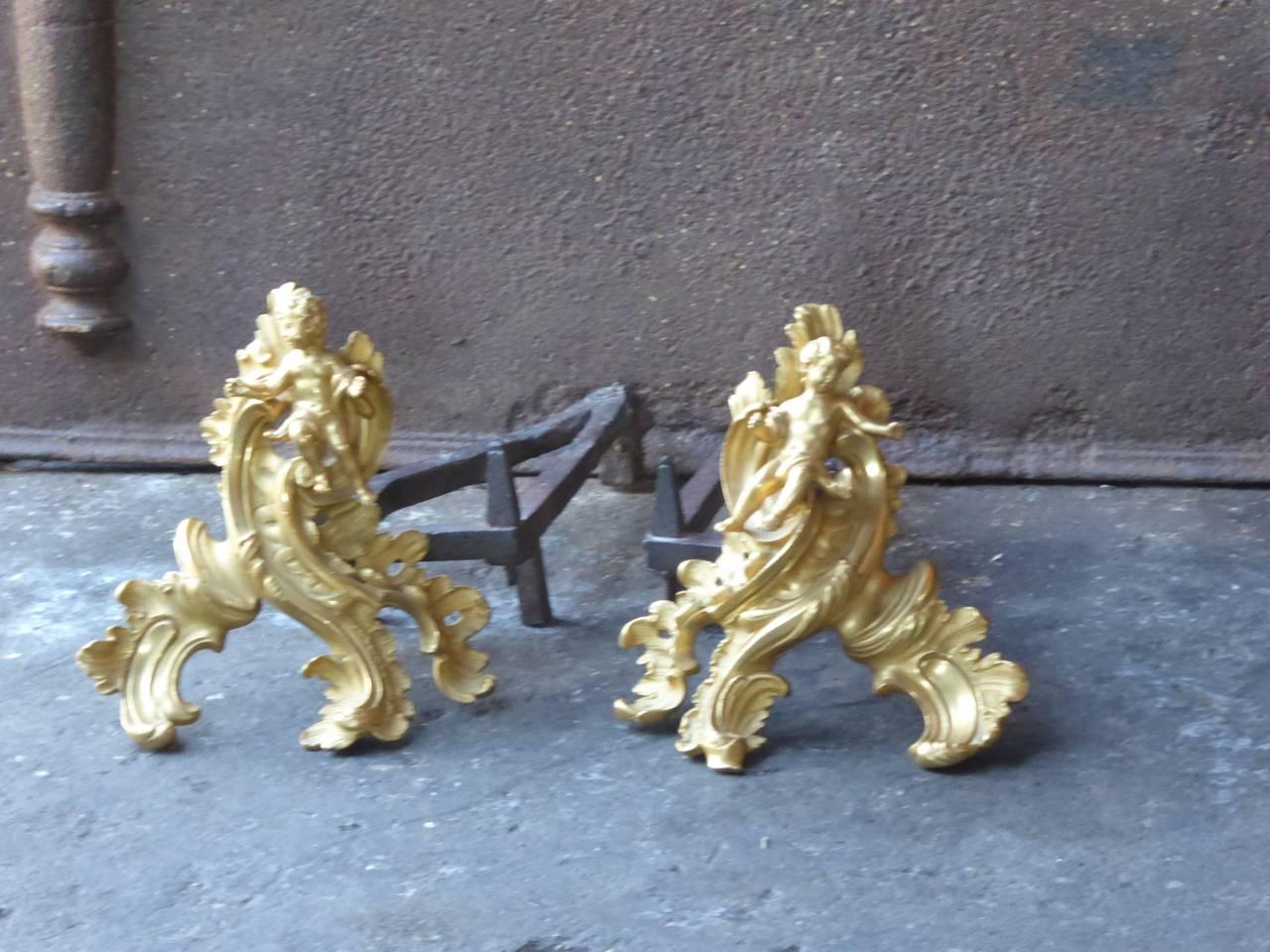18th Century French Ormolu Louis XV Andirons In Good Condition For Sale In Amerongen, NL