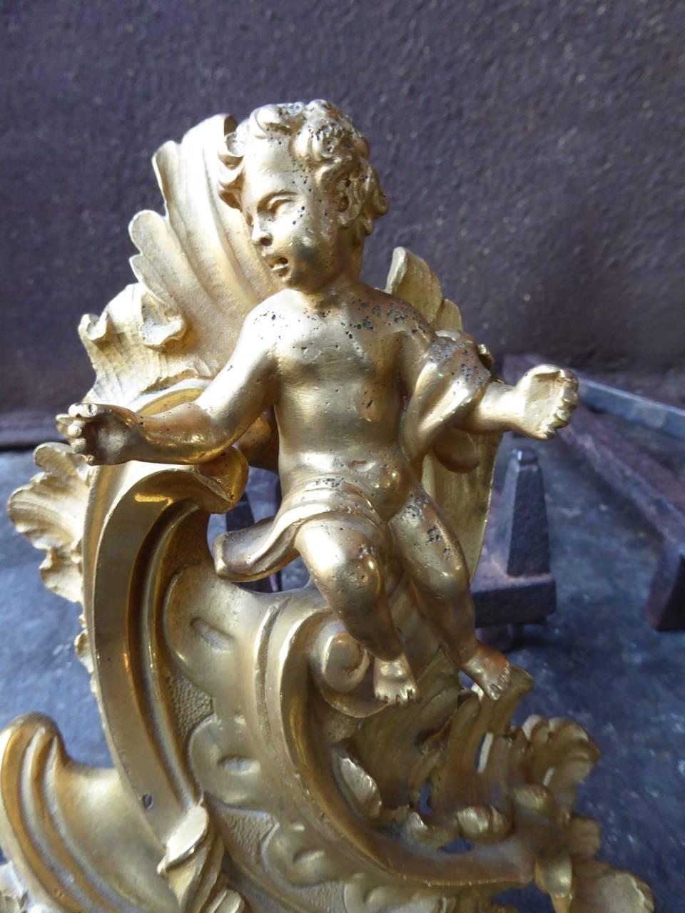 18th Century and Earlier 18th Century French Ormolu Louis XV Andirons For Sale