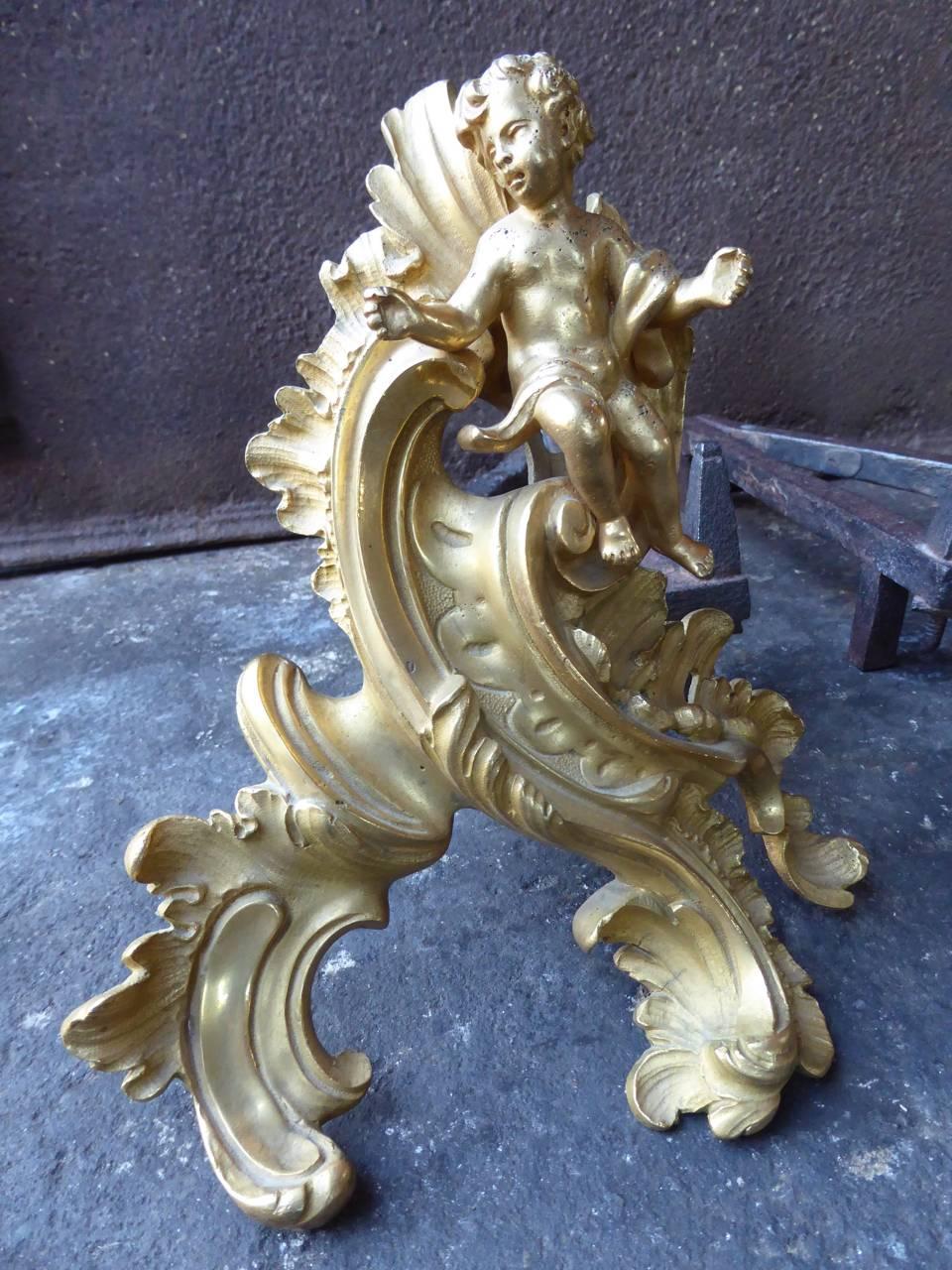 Wrought Iron 18th Century French Ormolu Louis XV Andirons For Sale