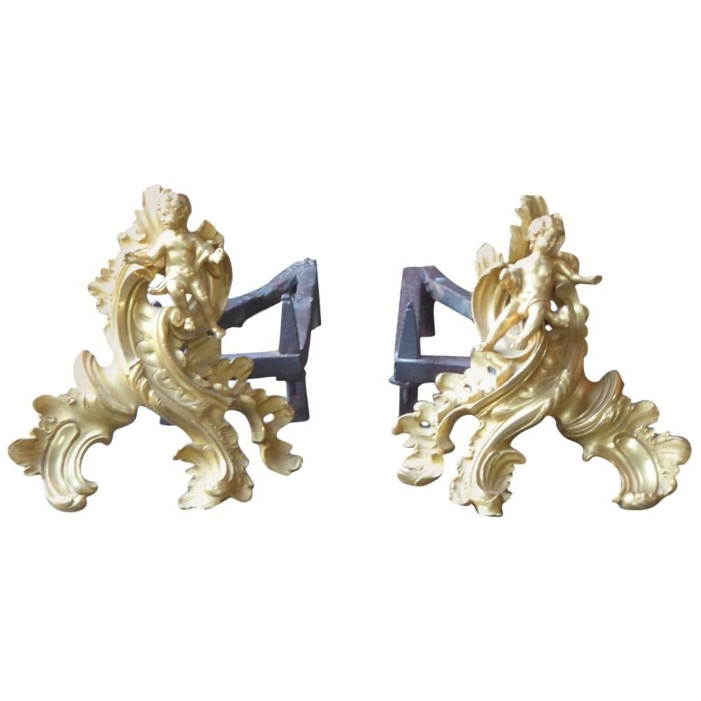 18th Century French Ormolu Louis XV Andirons For Sale