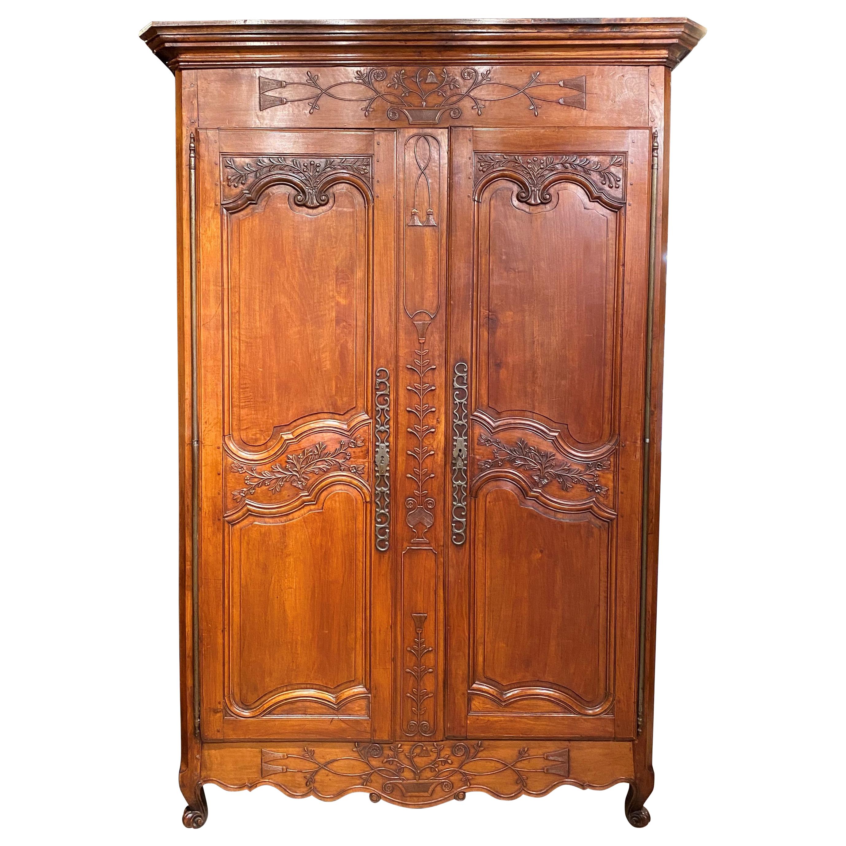 18th Century French Ornately Carved Two-Door Cherrywood Armoire