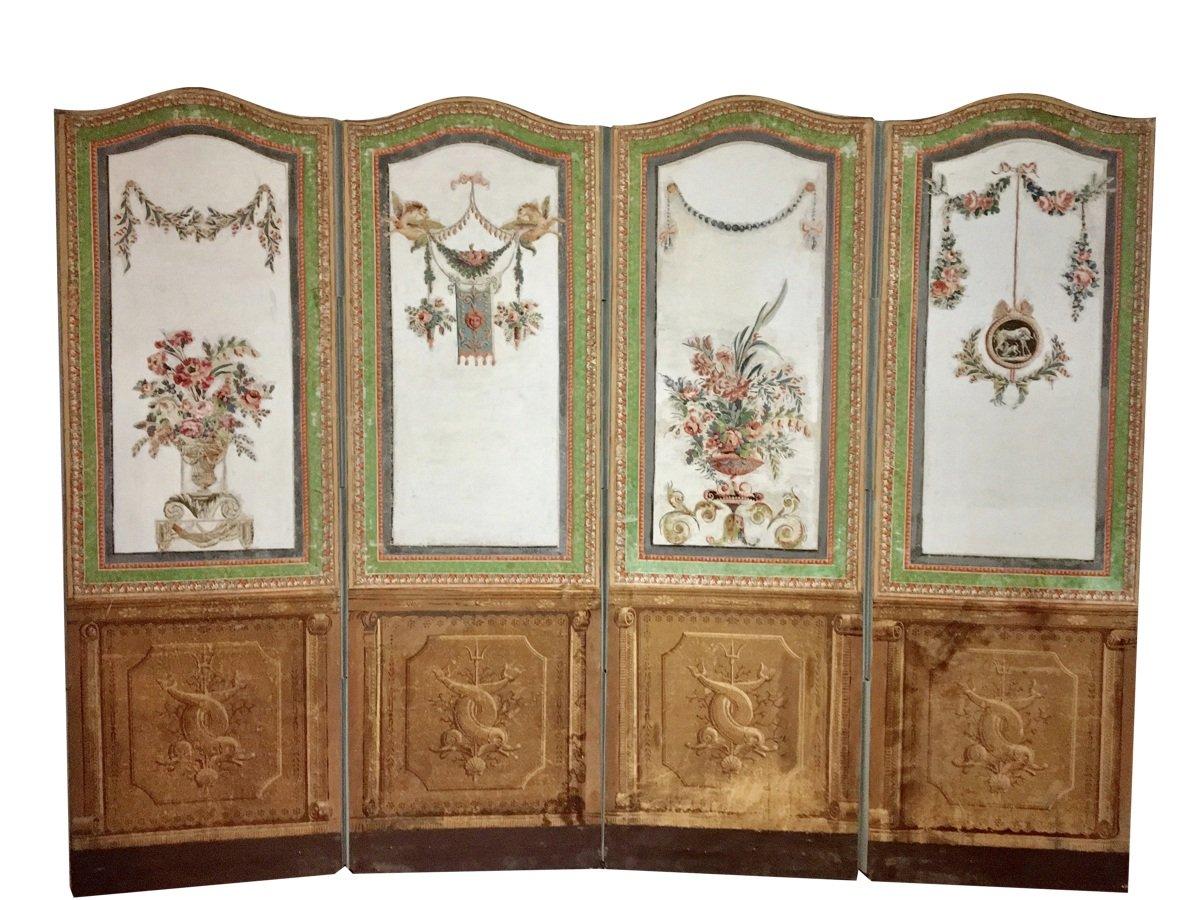 A charming 6-panel screen or paravent, with whimsical floral and classical motifs, primarily oil on canvas with charming early decoupage in the top panels, classical dolphin motif in the lower. Primarily in pale blue and green, with pinks in the