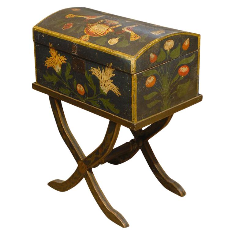 18th Century French Painted Antique Marriage Box with Stand from Normandy
