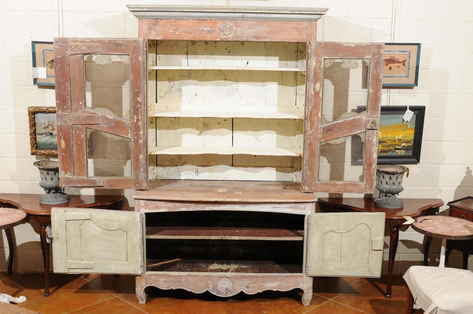 18th Century French Painted Buffet Deux Corps with Wire Mesh Doors For Sale 6