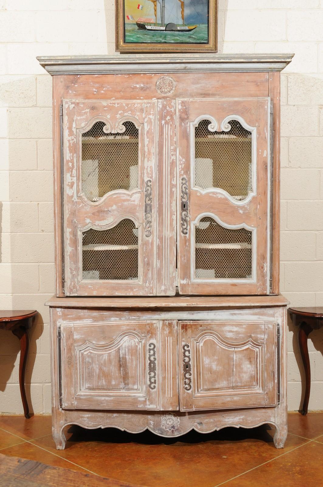 18th Century French Painted Buffet Deux Corps with Wire Mesh Doors For Sale 9