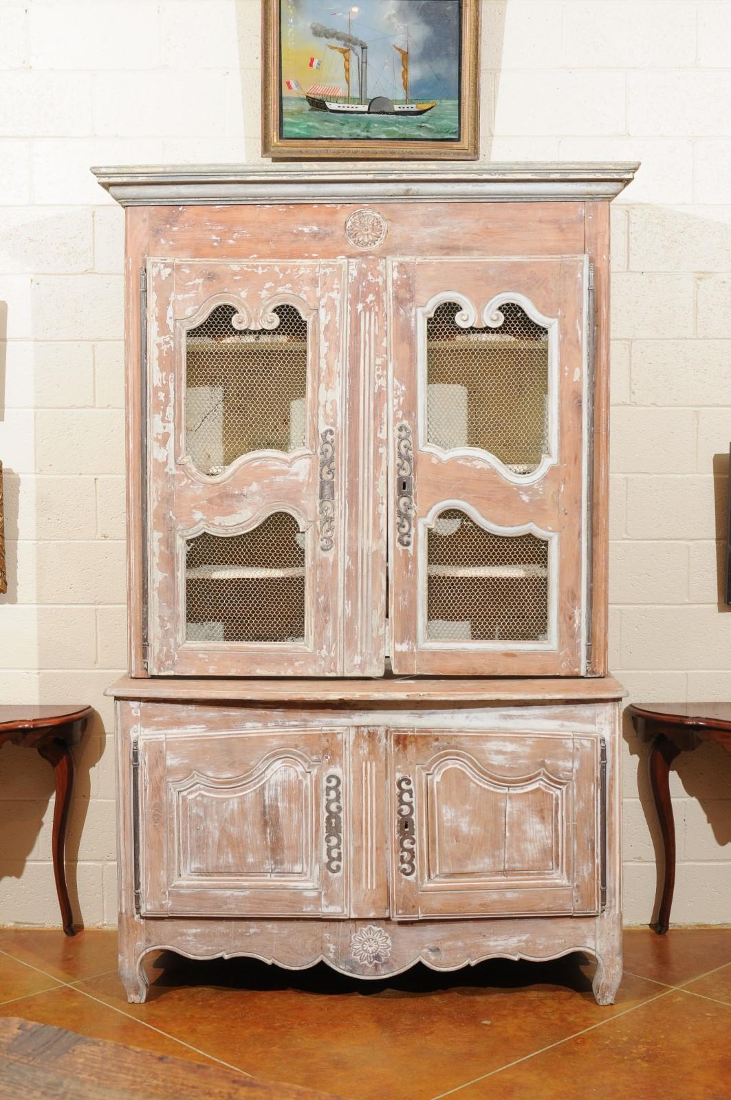 18th Century French Painted Buffet Deux Corps with Wire Mesh Doors In Good Condition For Sale In Atlanta, GA