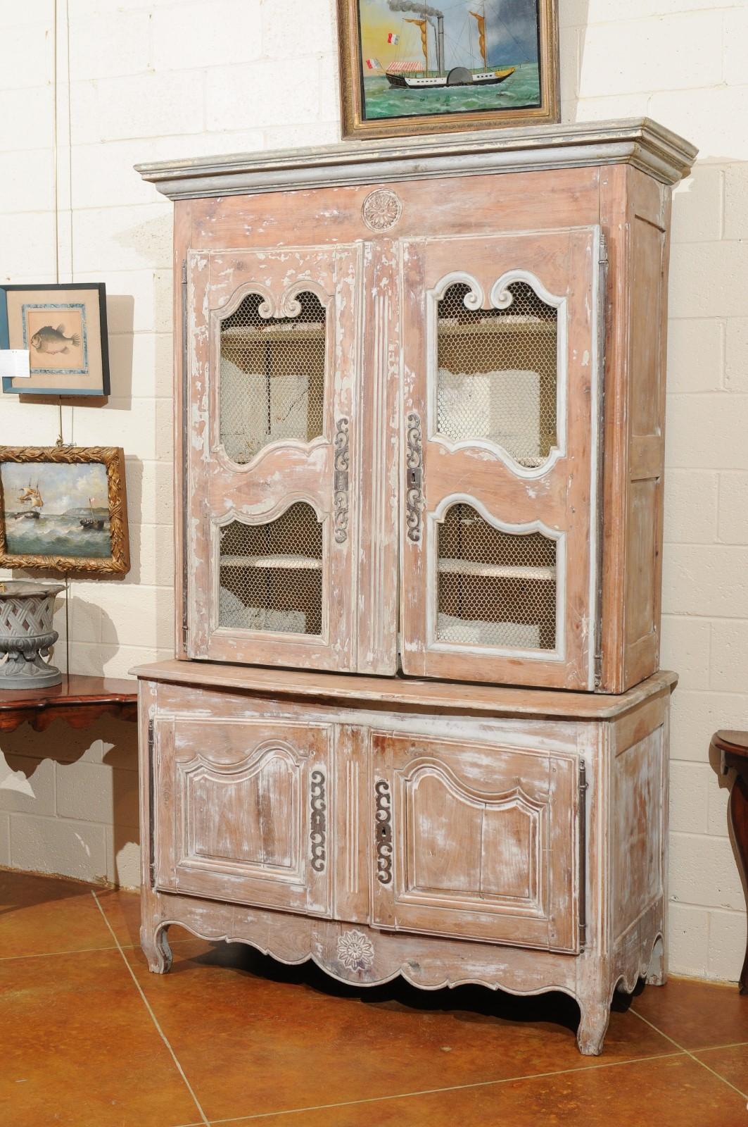18th Century French Painted Buffet Deux Corps with Wire Mesh Doors For Sale 2