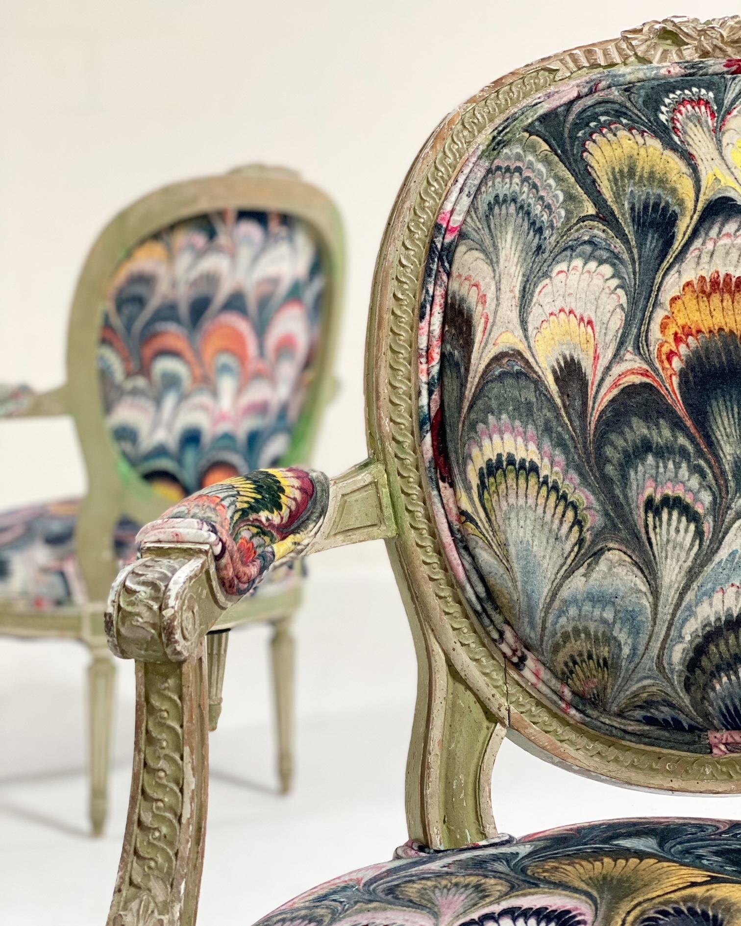 The green patina on these beautiful 18th century French chairs can't be duplicated. It's perfect. And the gorgeous pattern and colors of Beauta Heuman's 