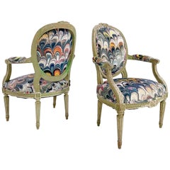 18th Century French Painted Chairs in Beata Heuman "Marbleized Velvet, " Pair