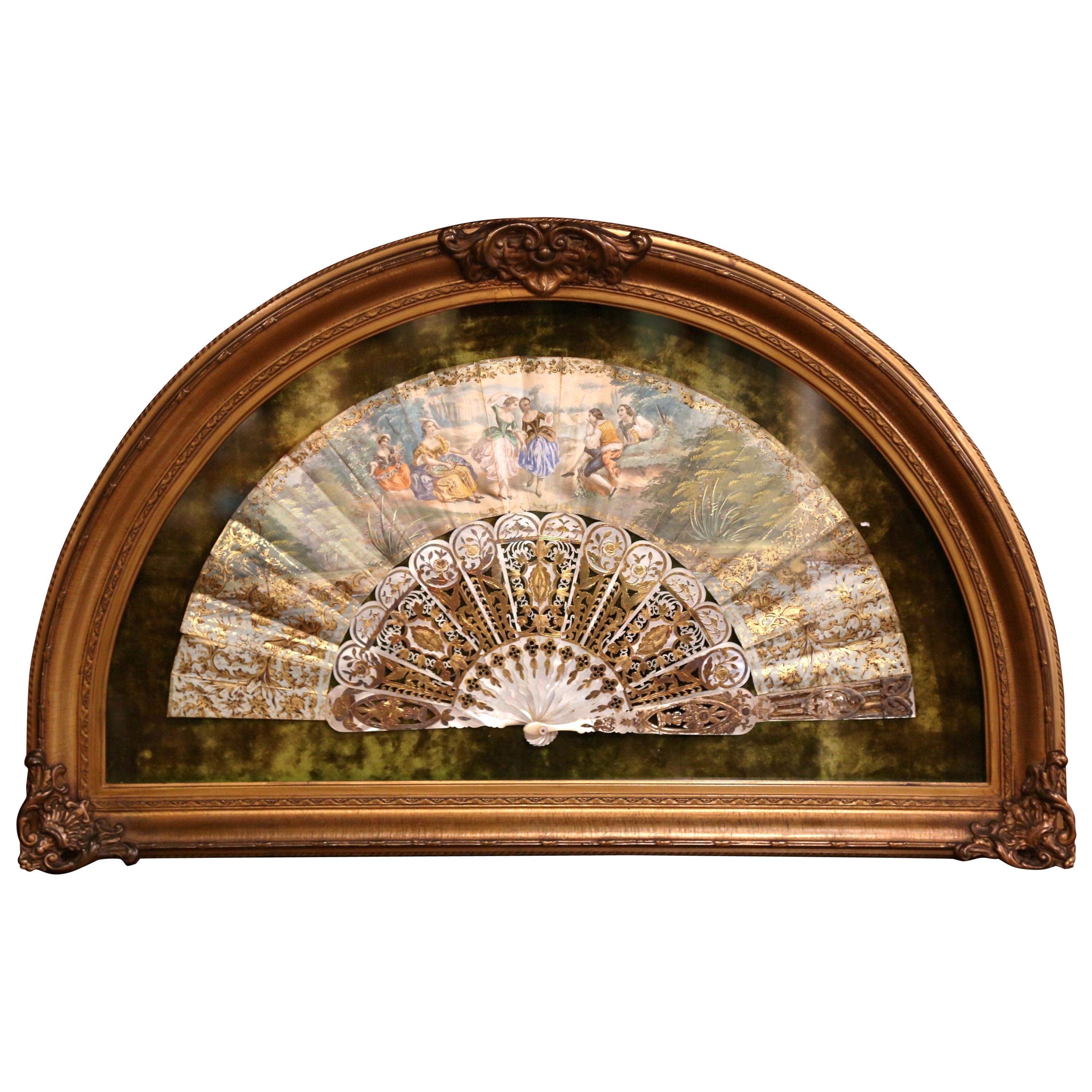 18th Century French Painted Paper and Mother of Pearl Fan in Carved Gilt Frame
