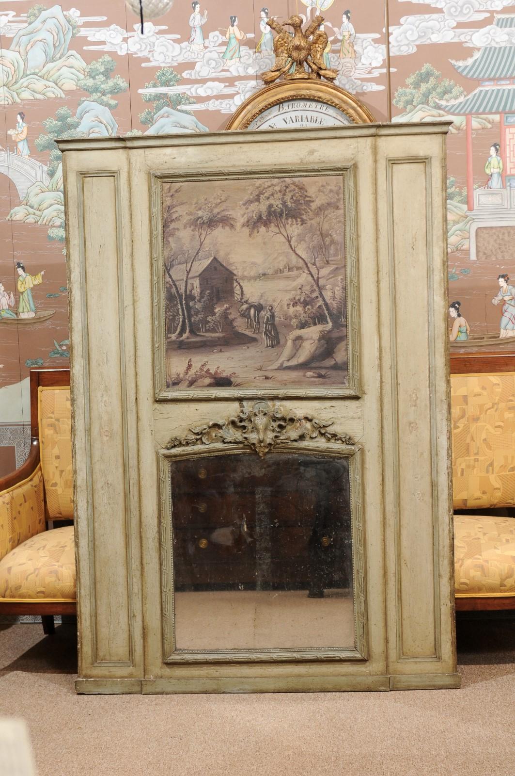 18th Century French painted trumeau mirror with Grisaille oil on canvas panel featuring landscape scene.