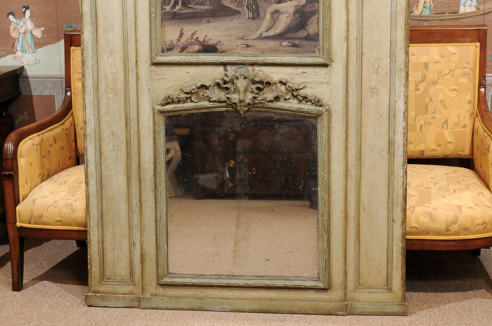 18th Century French Painted Trumeau Mirror with Panel Featuring Landscape Scene In Good Condition For Sale In Atlanta, GA