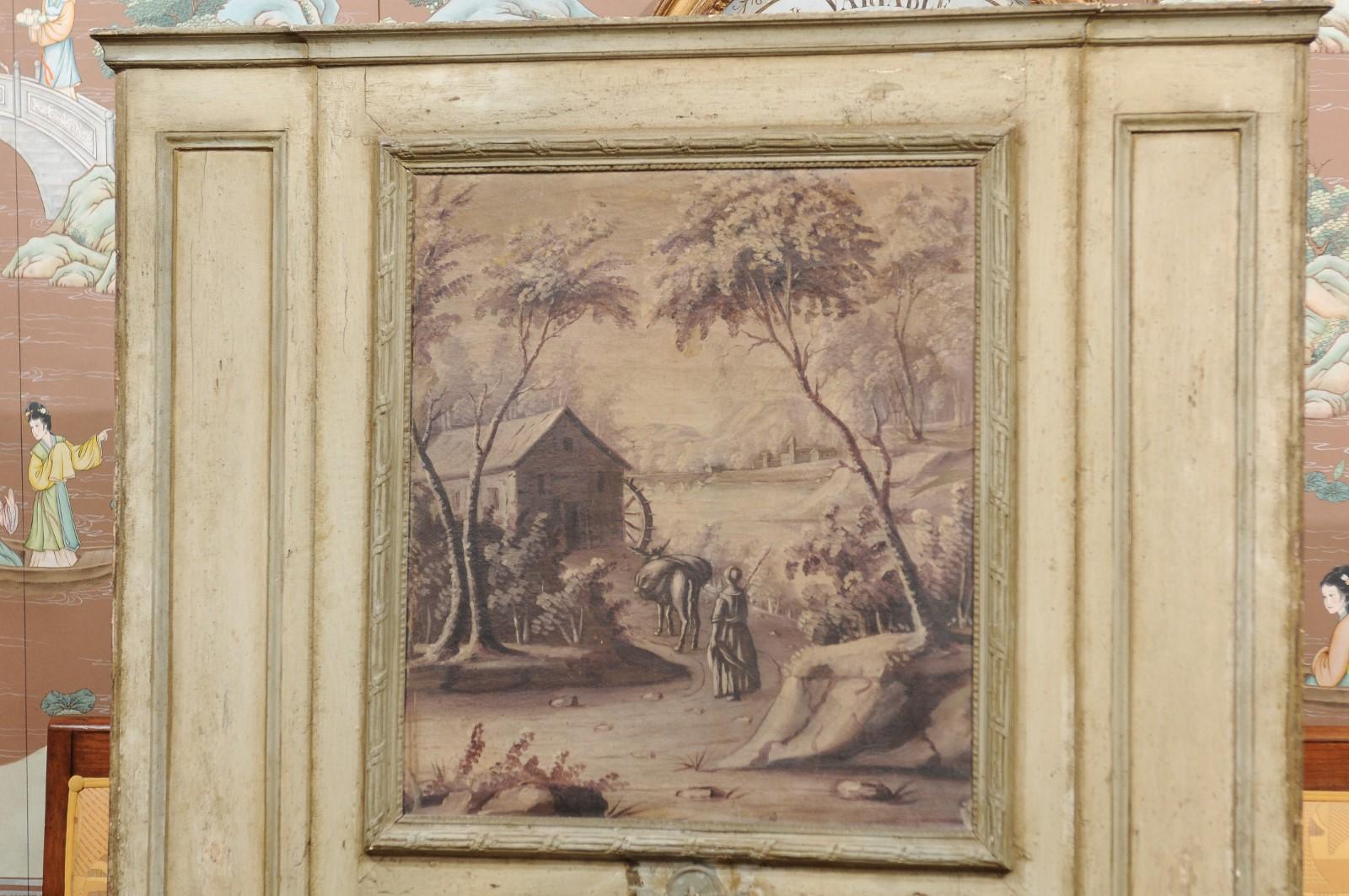 18th Century and Earlier 18th Century French Painted Trumeau Mirror with Panel Featuring Landscape Scene For Sale