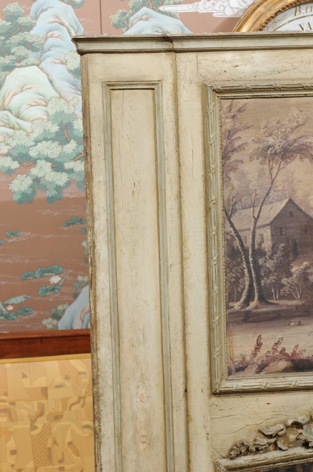 Canvas 18th Century French Painted Trumeau Mirror with Panel Featuring Landscape Scene For Sale