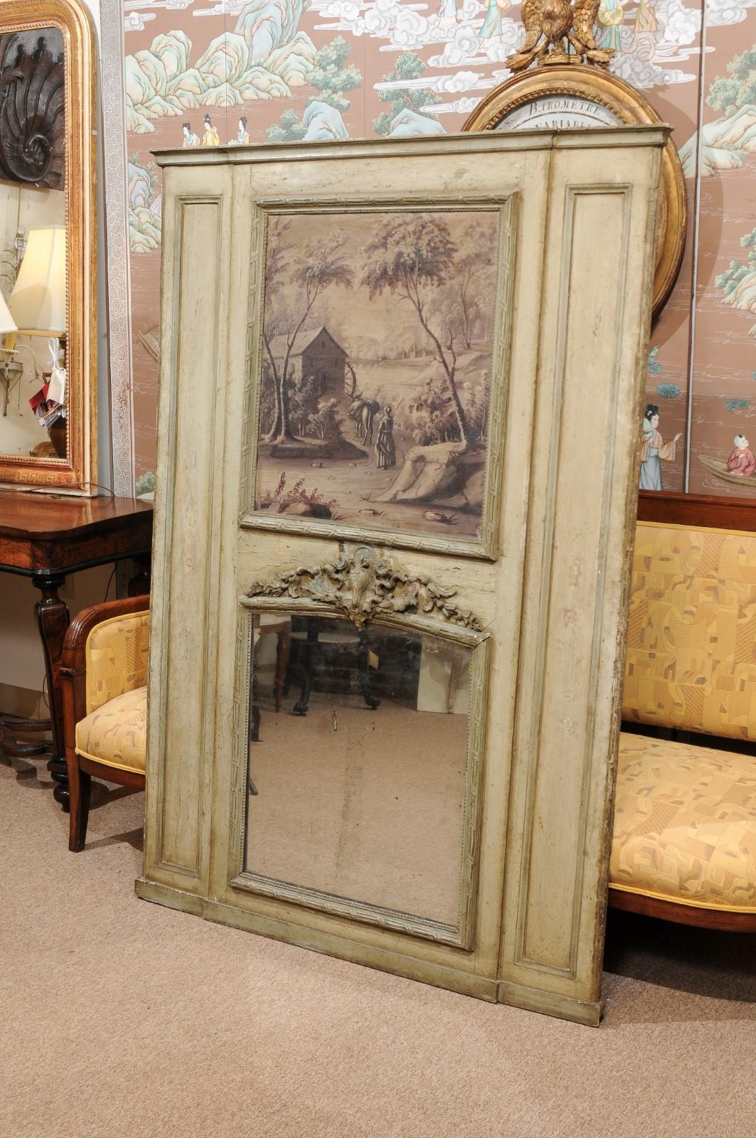 18th Century French Painted Trumeau Mirror with Panel Featuring Landscape Scene For Sale 1
