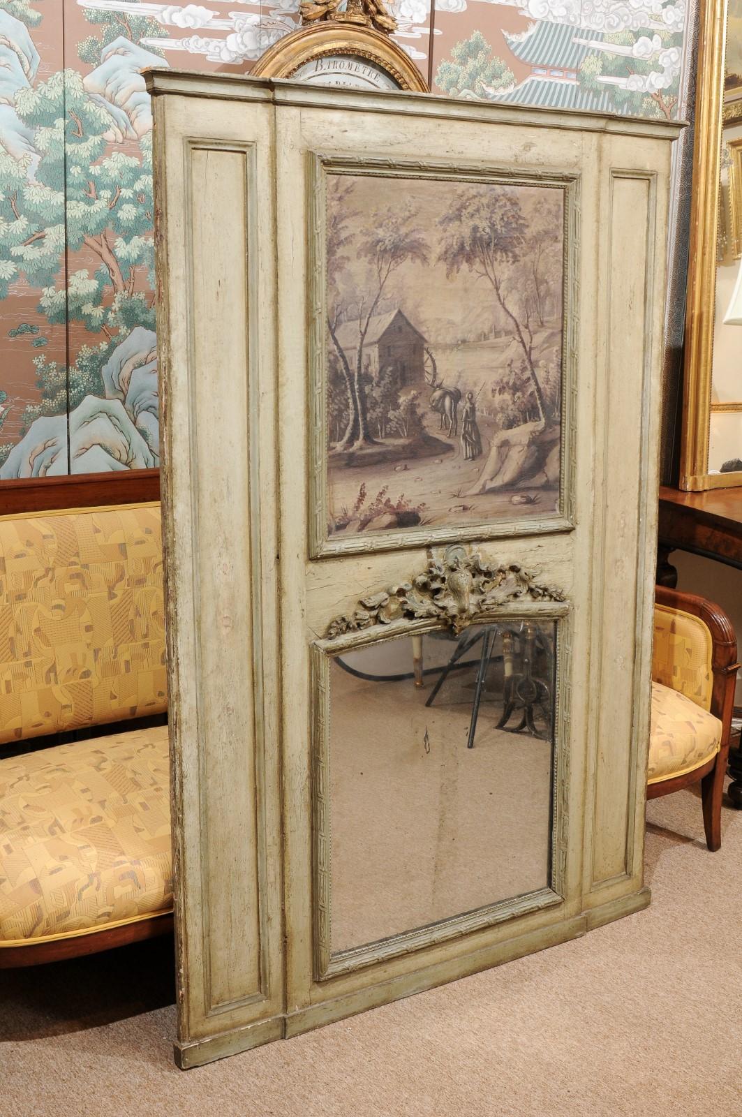18th Century French Painted Trumeau Mirror with Panel Featuring Landscape Scene For Sale 2