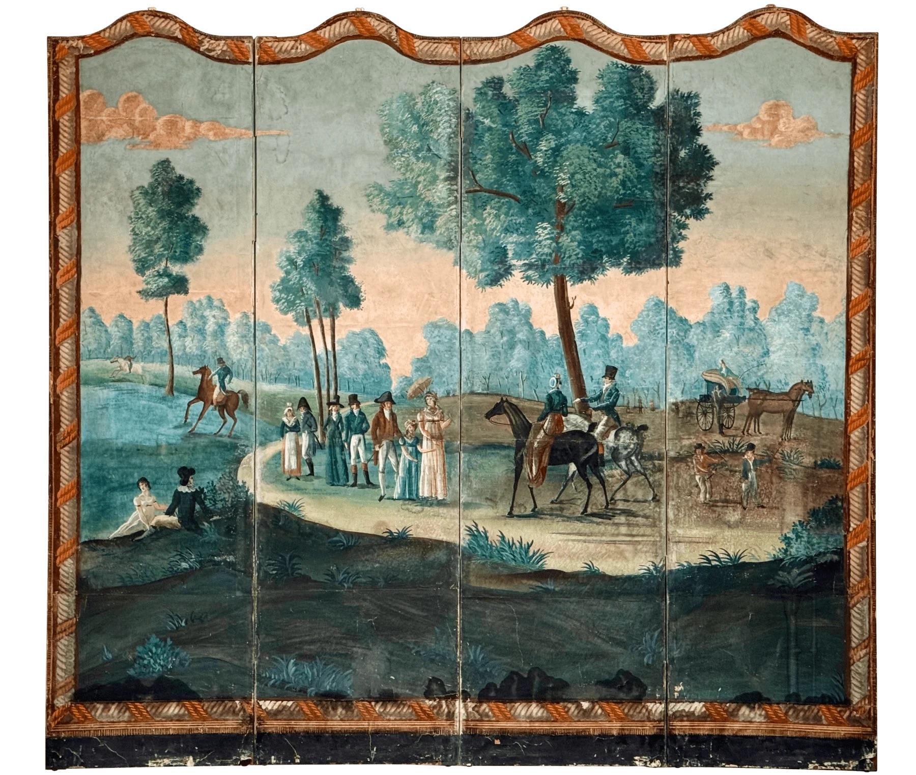 A French Painted Wallpaper Four-Panel Floor Screen or paravent, the fine and bright18th Century piece hand painted with bucolic equestrian scenes.  The predominant colors are turquoise, teals, and blues, with delightful vignettes of aristocratic