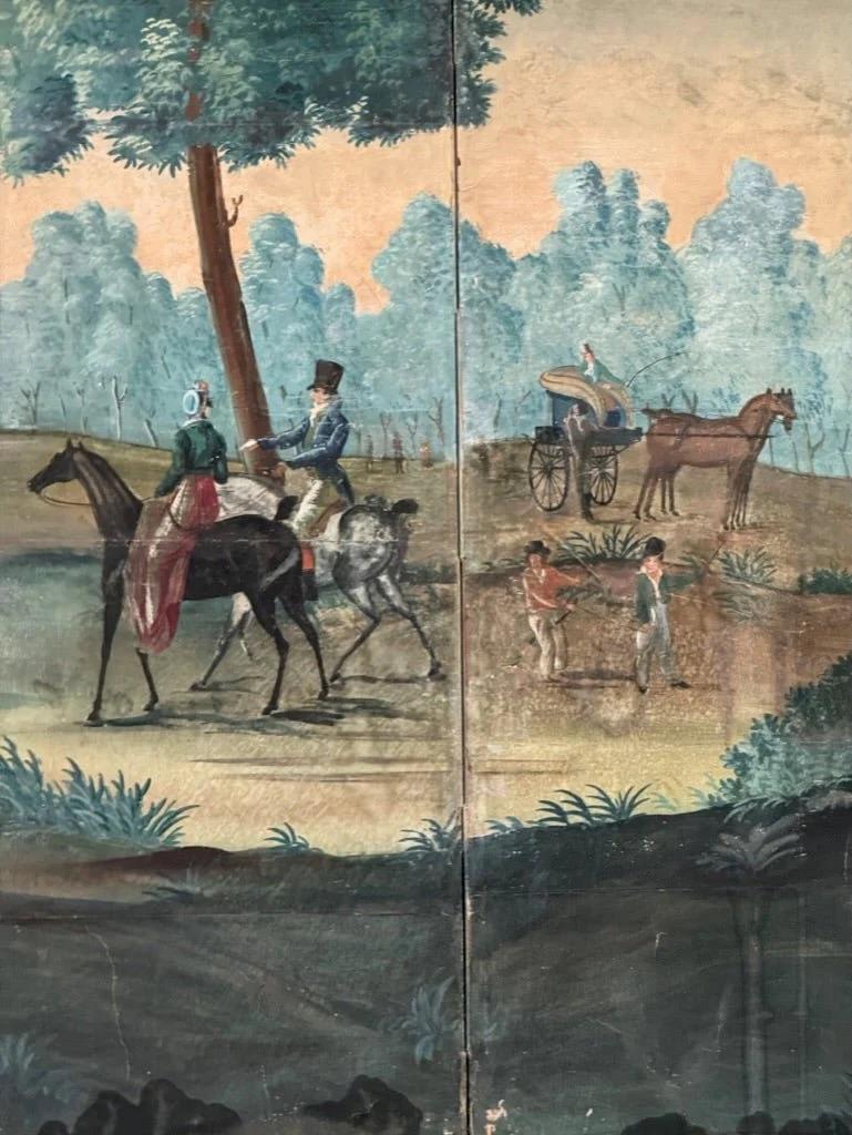 18th Century and Earlier 18th Century French Painted Wallpaper Four-Panel Floor Screen