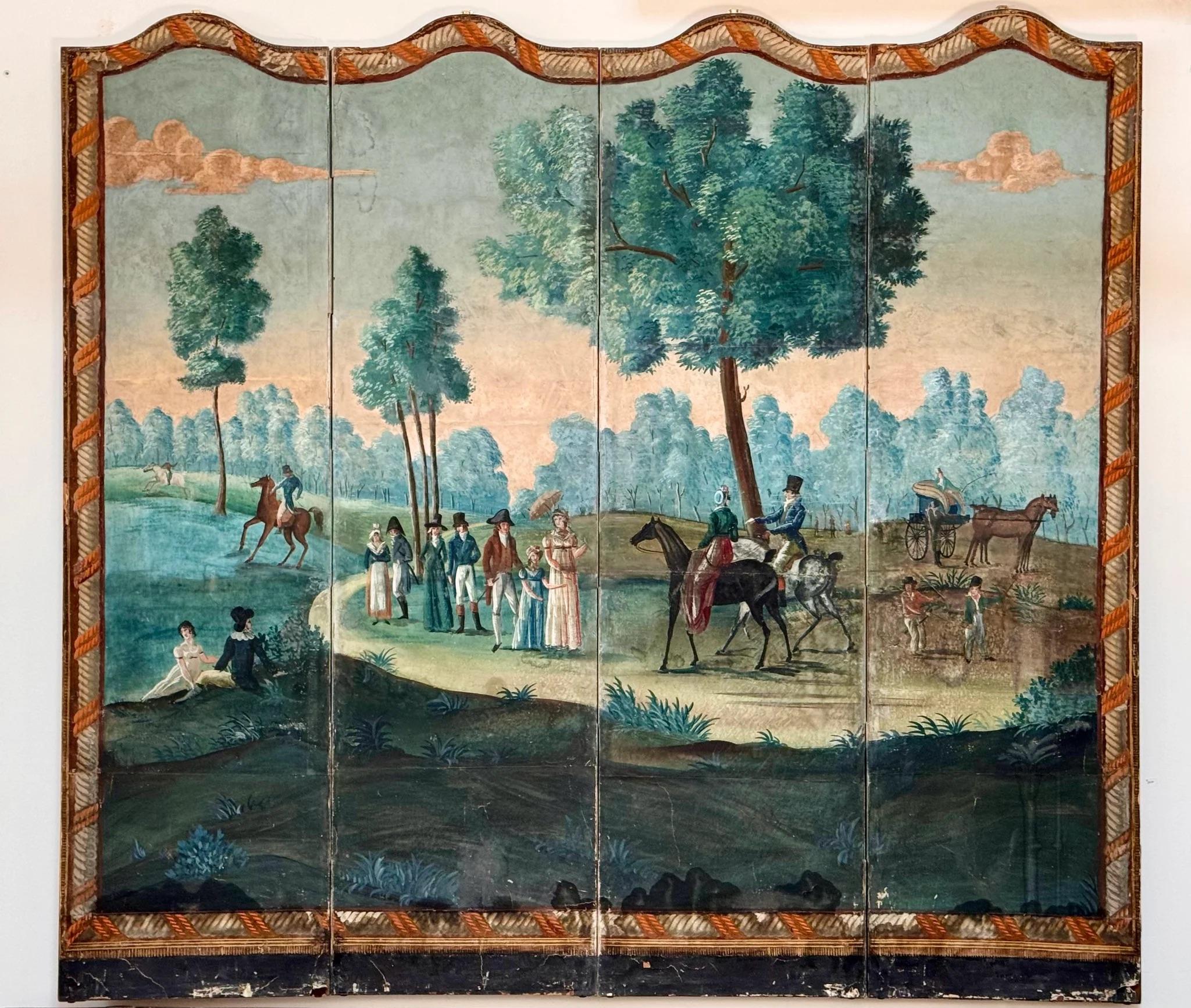 18th Century French Painted Wallpaper Four-Panel Floor Screen 2