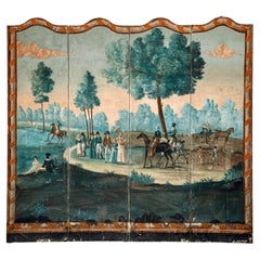 18th Century French Painted Wallpaper Four-Panel Floor Screen