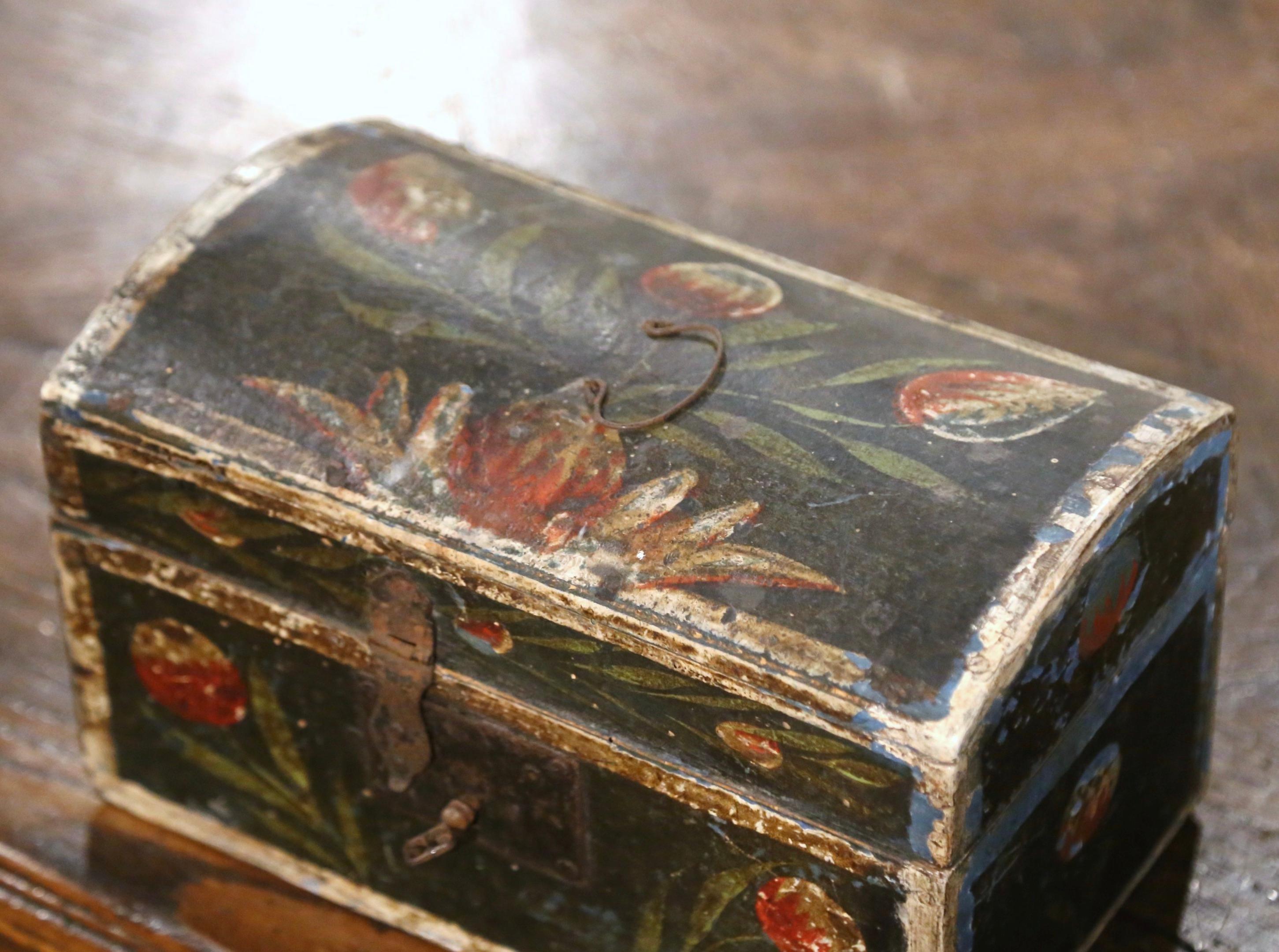 Country 18th Century French Painted Wedding Box with Foliage Motifs from Normandy