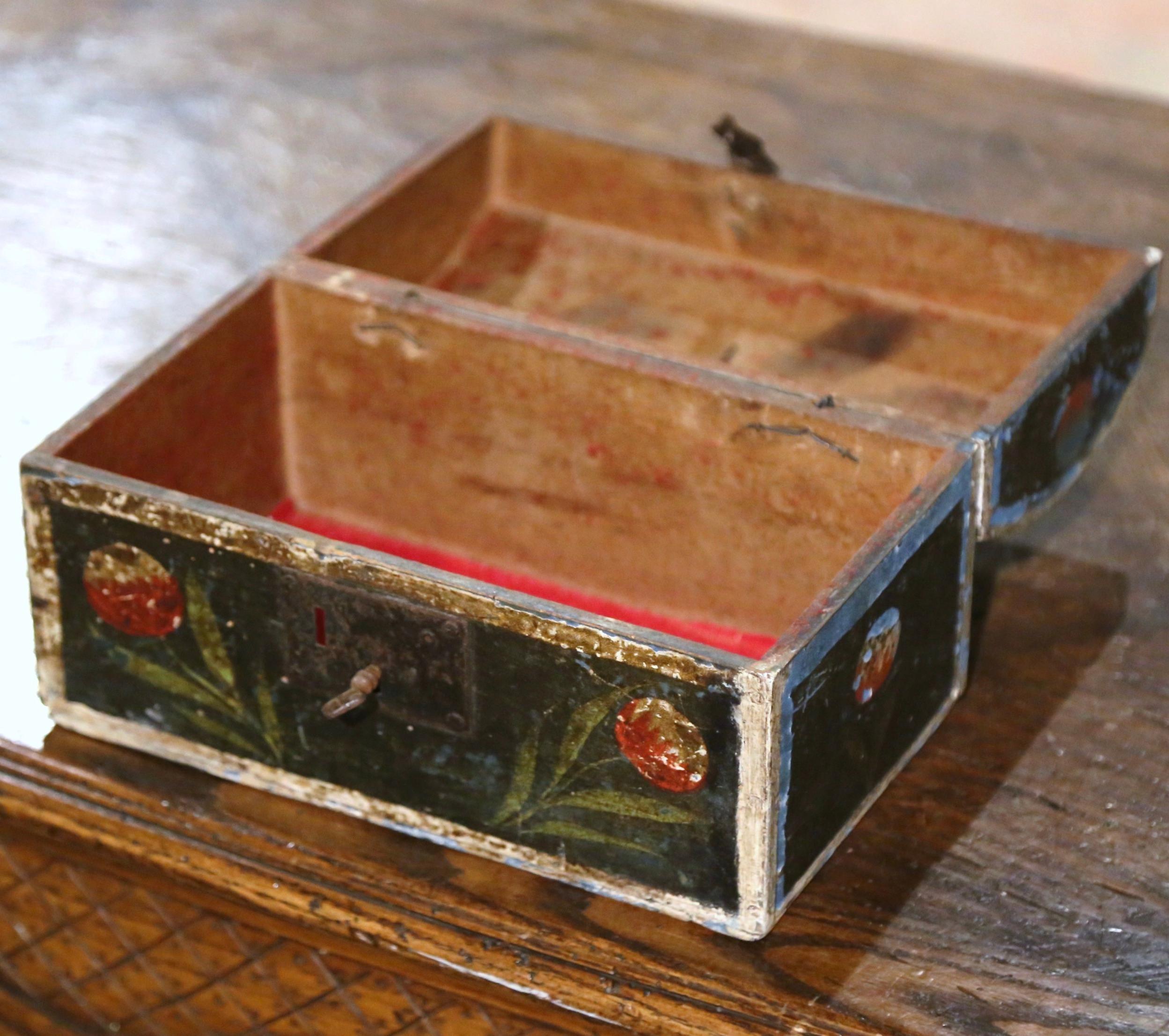Patinated 18th Century French Painted Wedding Box with Foliage Motifs from Normandy