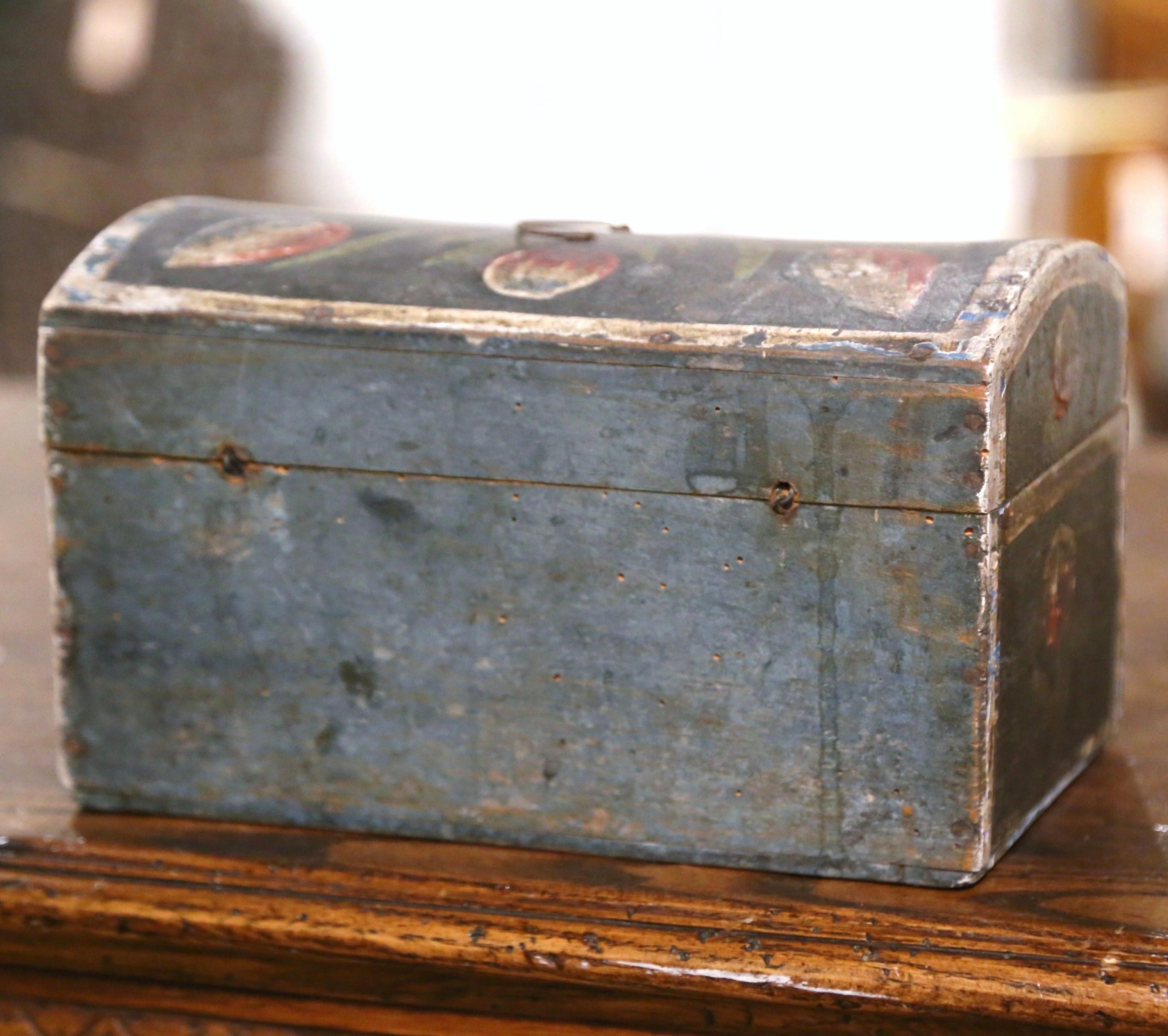 Wood 18th Century French Painted Wedding Box with Foliage Motifs from Normandy