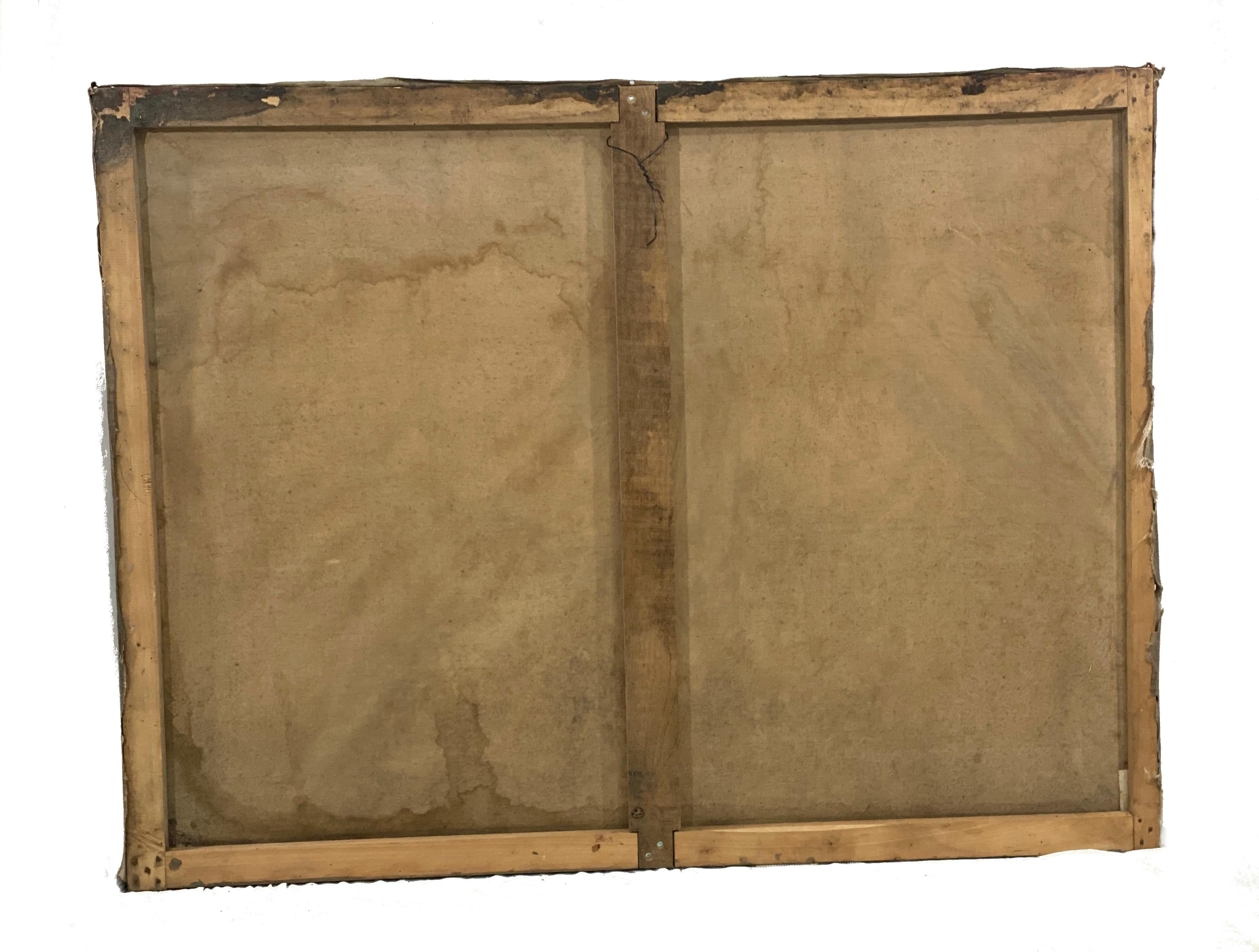 tableau français du 18ème siècle représentant une urne sur toile. Le tableau présente une belle décoloration due à l'âge qui lui donne du caractère. Vert:: crème:: pêche et rouille.