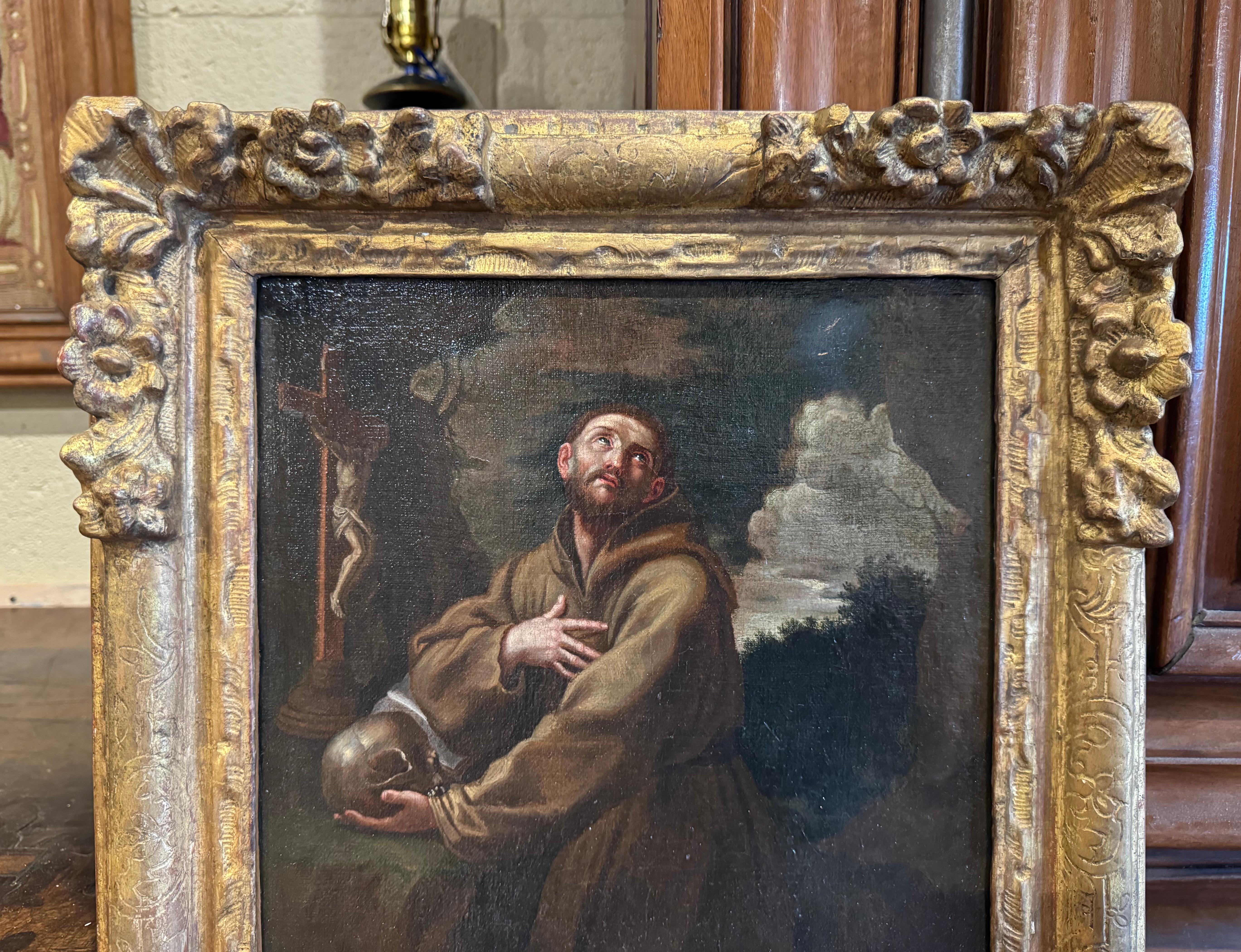 Französisches Gemälde auf Leinwand in vergoldetem Rahmen „Saint Francois en Extase“ aus dem 18. Jahrhundert (Vergoldet) im Angebot