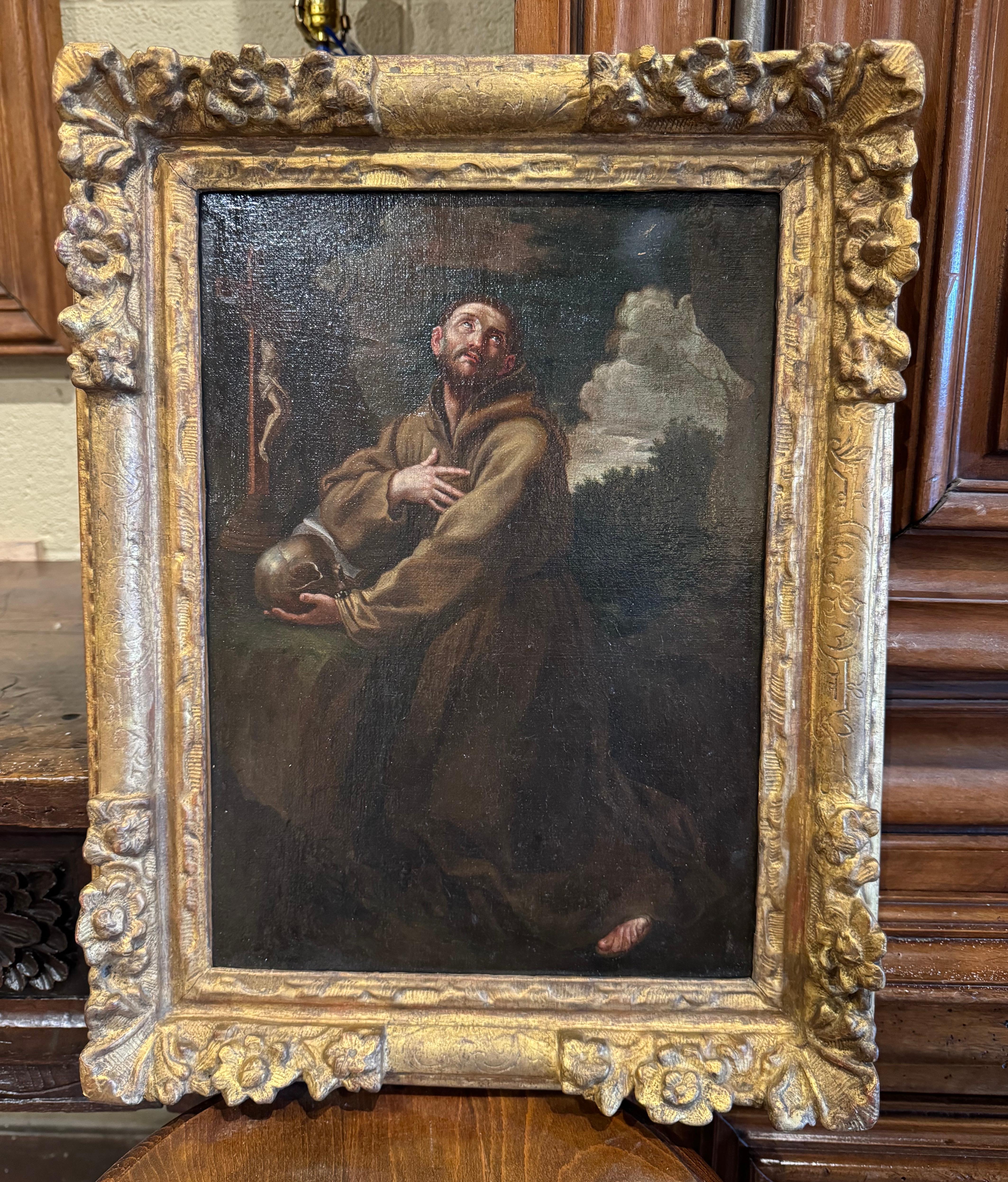 Französisches Gemälde auf Leinwand in vergoldetem Rahmen „Saint Francois en Extase“ aus dem 18. Jahrhundert im Angebot 1