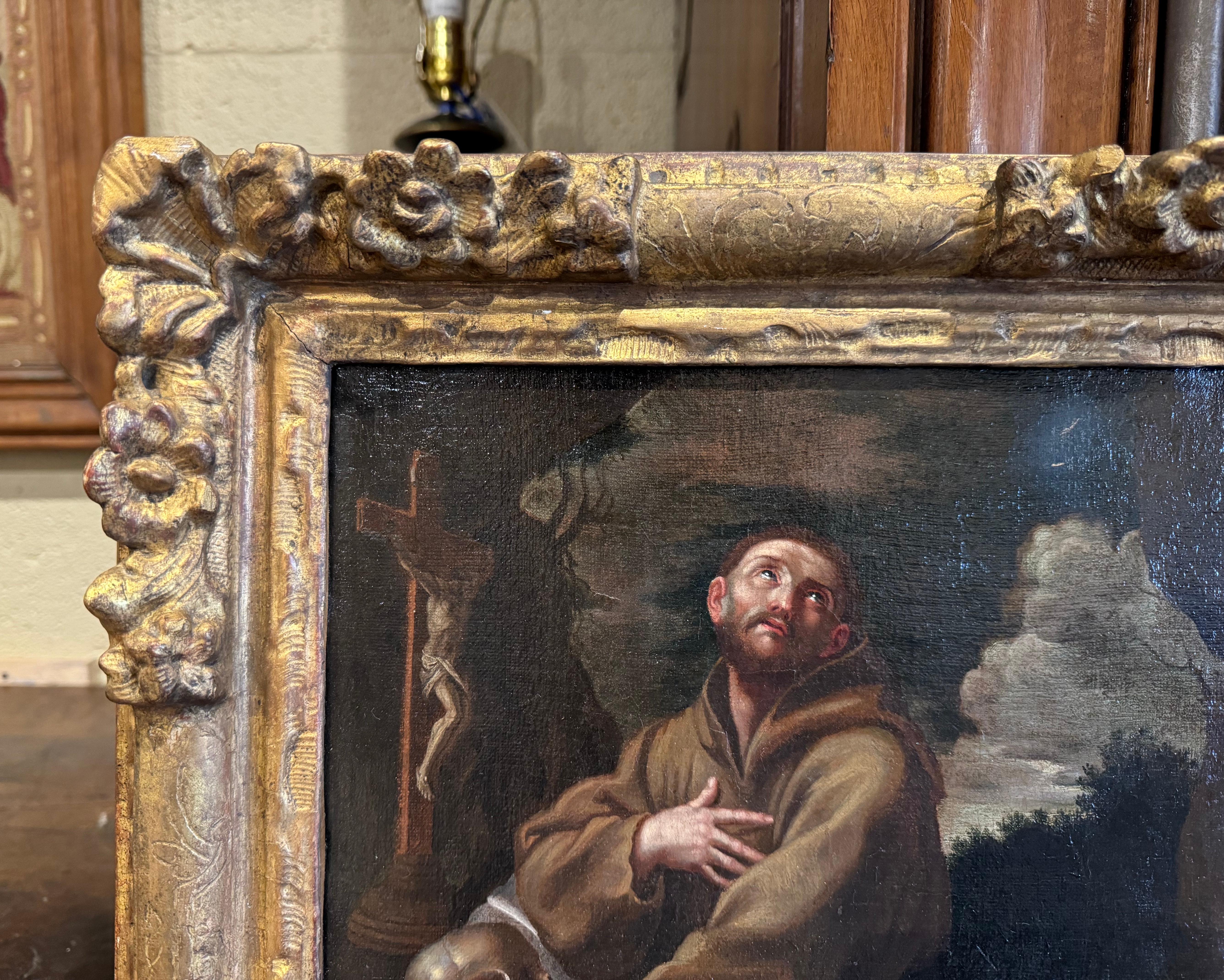 Französisches Gemälde auf Leinwand in vergoldetem Rahmen „Saint Francois en Extase“ aus dem 18. Jahrhundert im Angebot 2