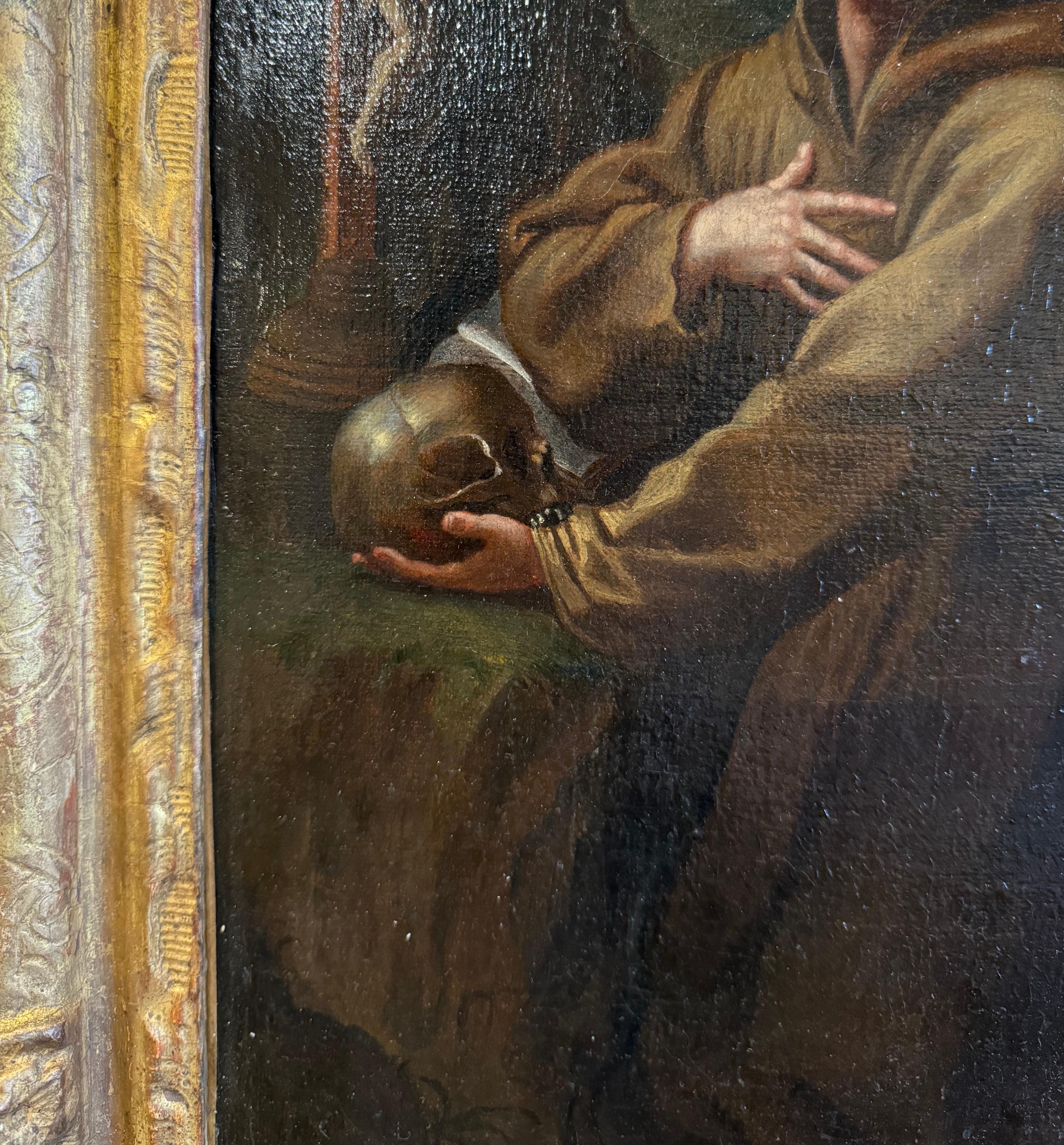 Französisches Gemälde auf Leinwand in vergoldetem Rahmen „Saint Francois en Extase“ aus dem 18. Jahrhundert im Angebot 4