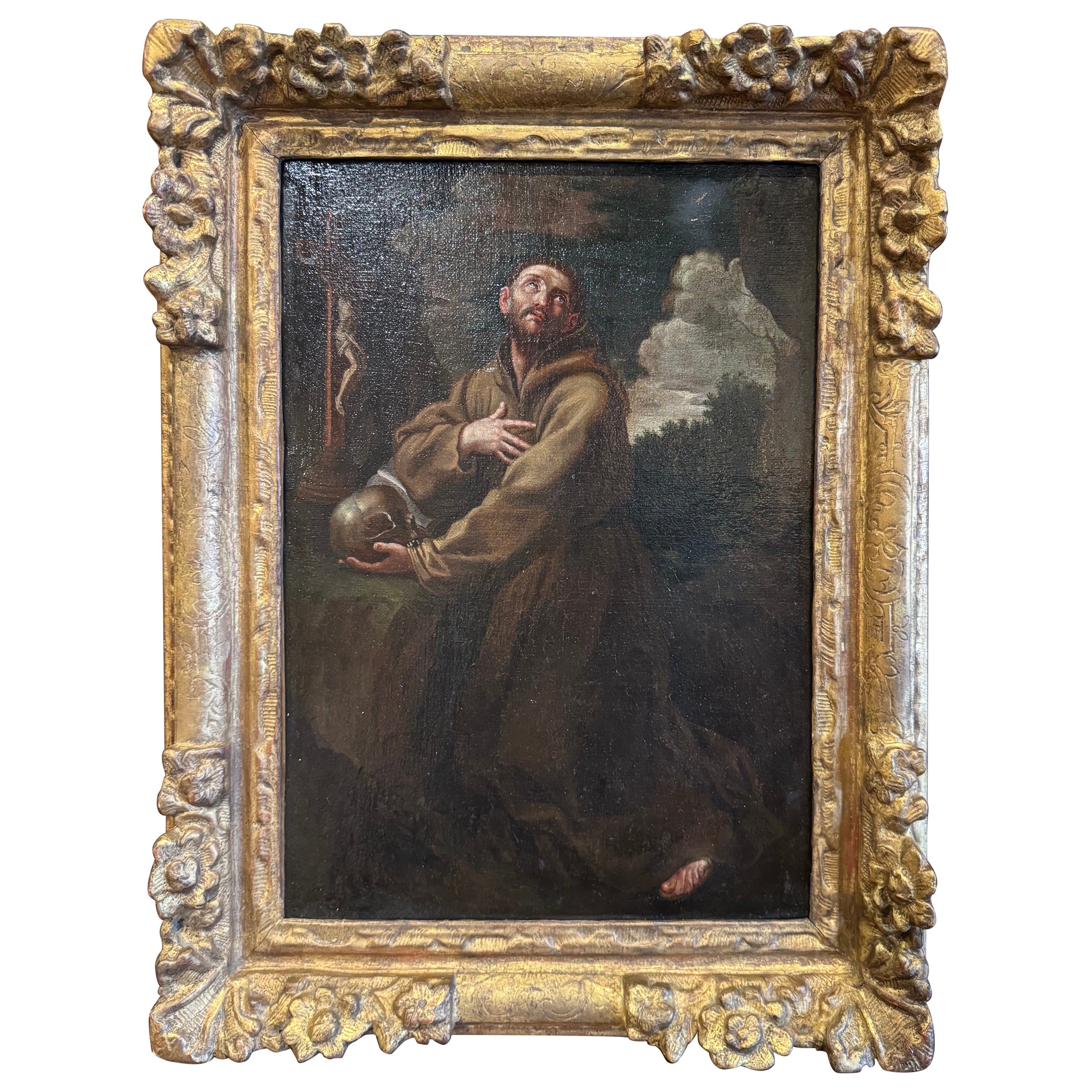 18th Century French Painting on Canvas in Gilt Frame "Saint Francois en Extase" For Sale