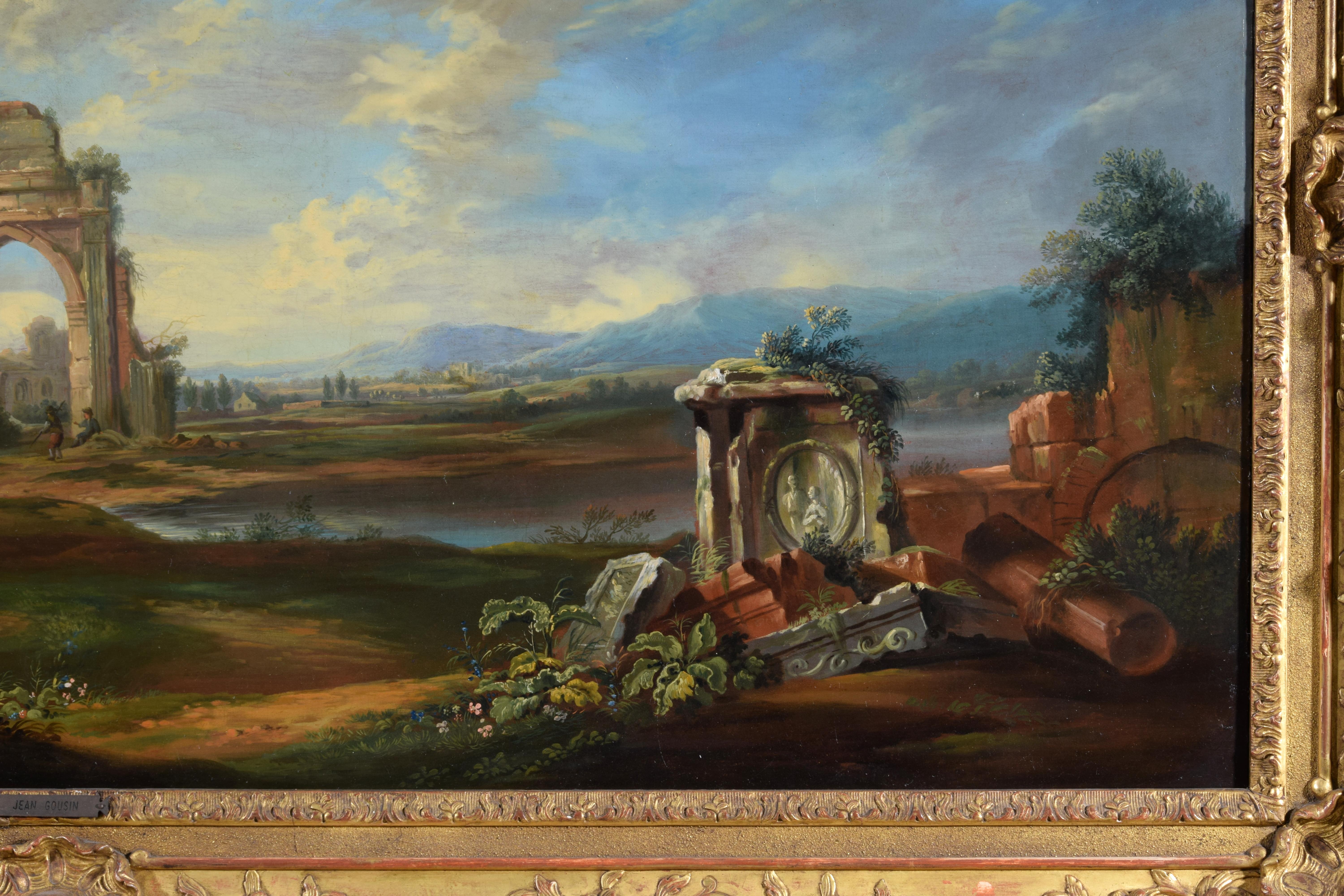 18th Century, French Painting with Landscape with Ruins  For Sale 9